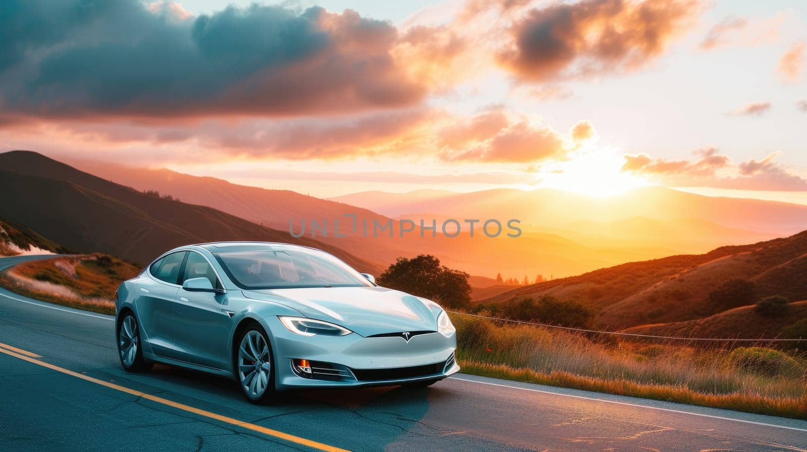 A white vehicle with Clouds as the background is driving down a mountain road with the Automotive parking lights on. AIG41
