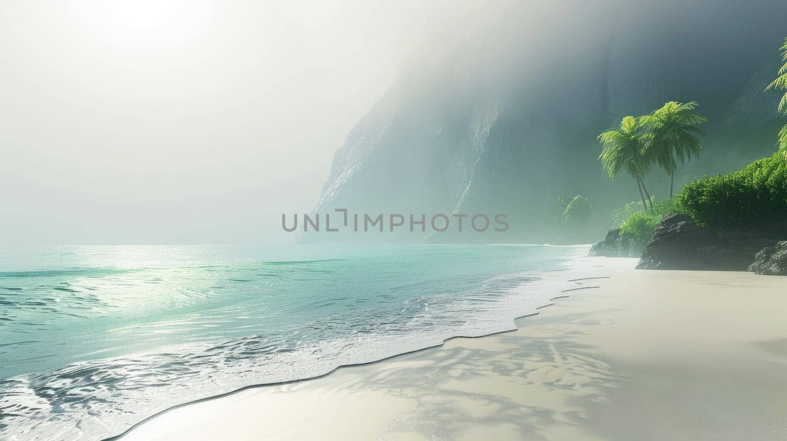 A misty beach at dawn with trees silhouetted against the sky. The horizon blends into the fluid water, creating a serene natural landscape AIG50