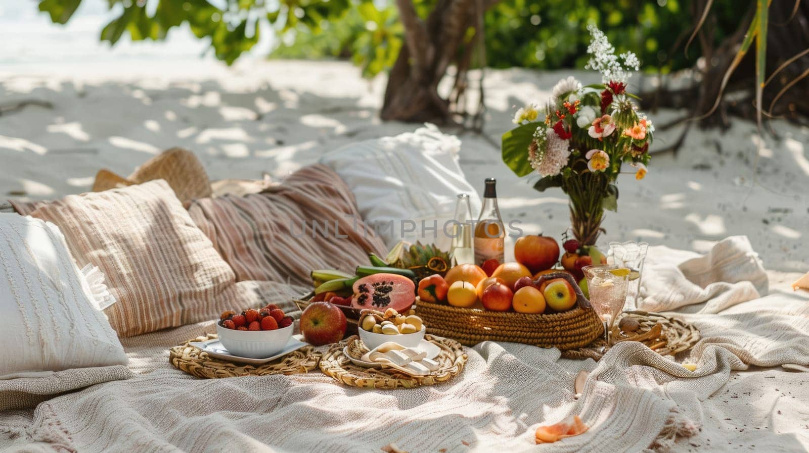 A beach picnic set up with a colorful fruit basket and cozy blanket overlooking the serene body of water, surrounded by nature and stunning landscape AIG50