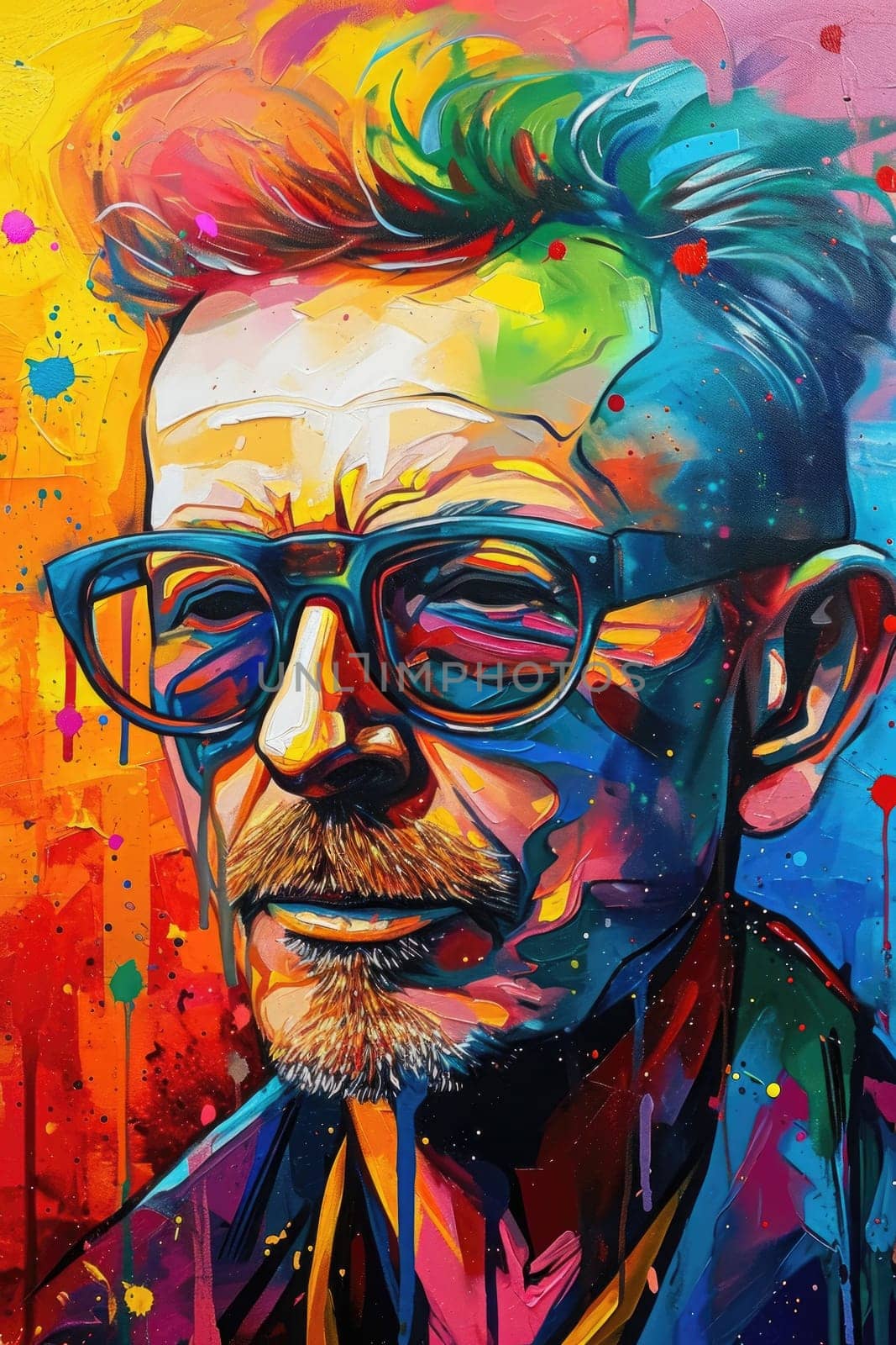 The comic colourful picture of the short hair male adult human head and has been wearing sunglasses with straight face yet picture fill with various colour that make picture fill with emotion. AIGX01.