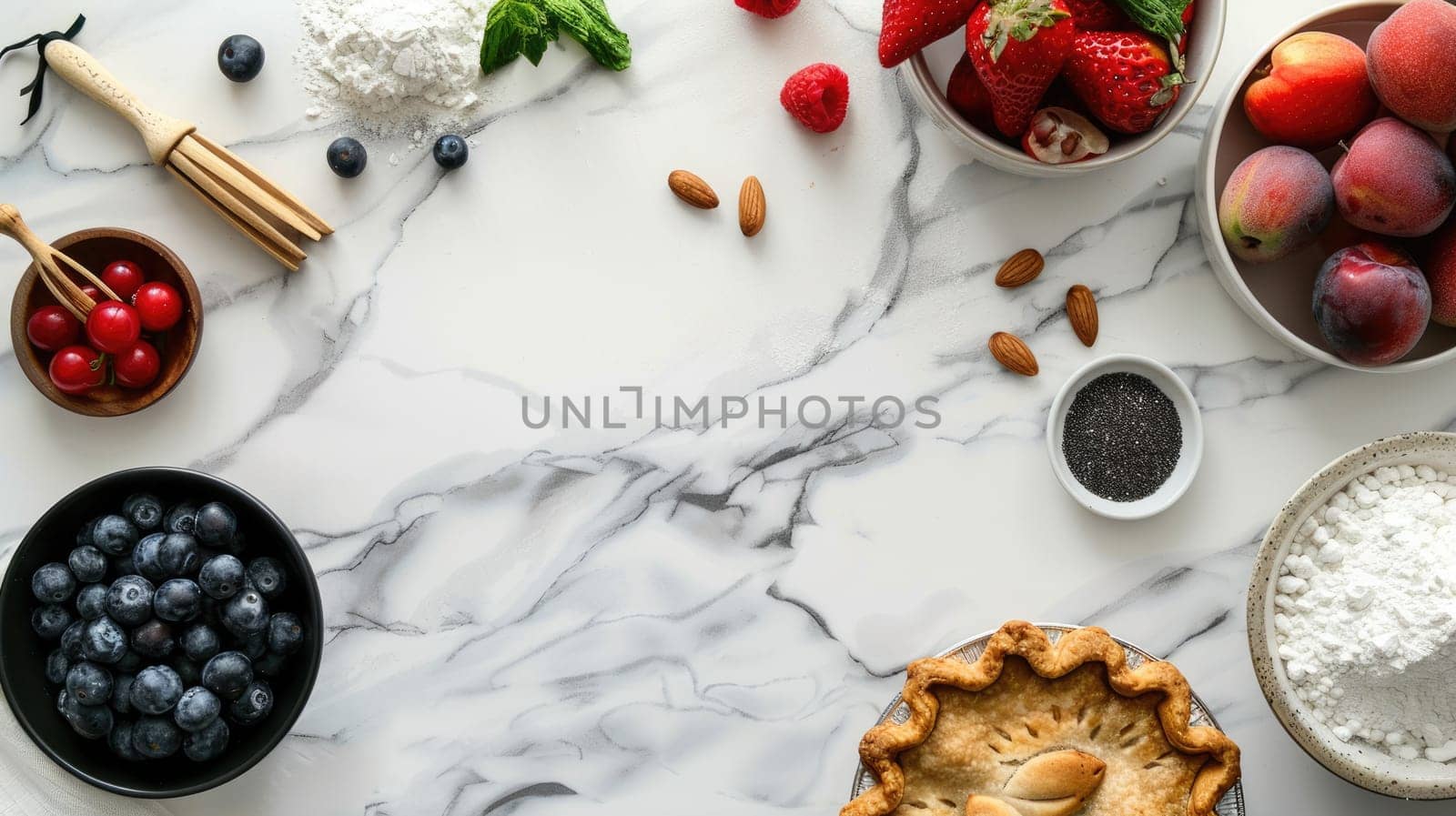 A still life photography featuring a table adorned with bowls of fruit, eggs, flour, and a pie. This composition showcases the ingredients for a delicious recipe AIG50