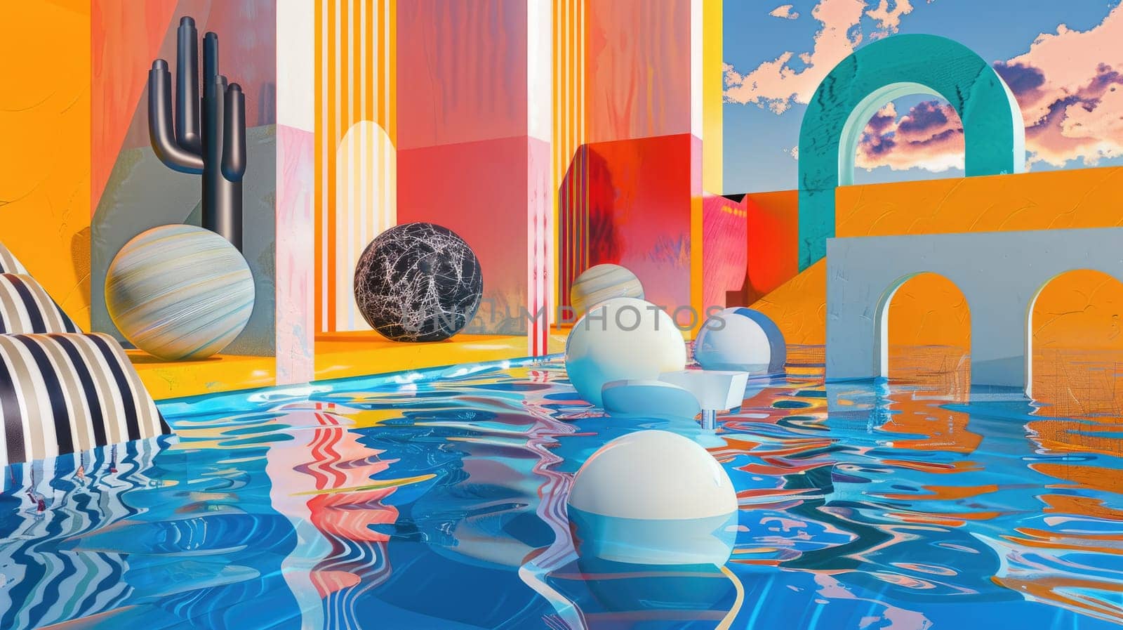 Aqua and magenta tints and shades create a vibrant display in this artistic piece featuring a colorful painting of a pool with reflections of buildings in the water AIG50
