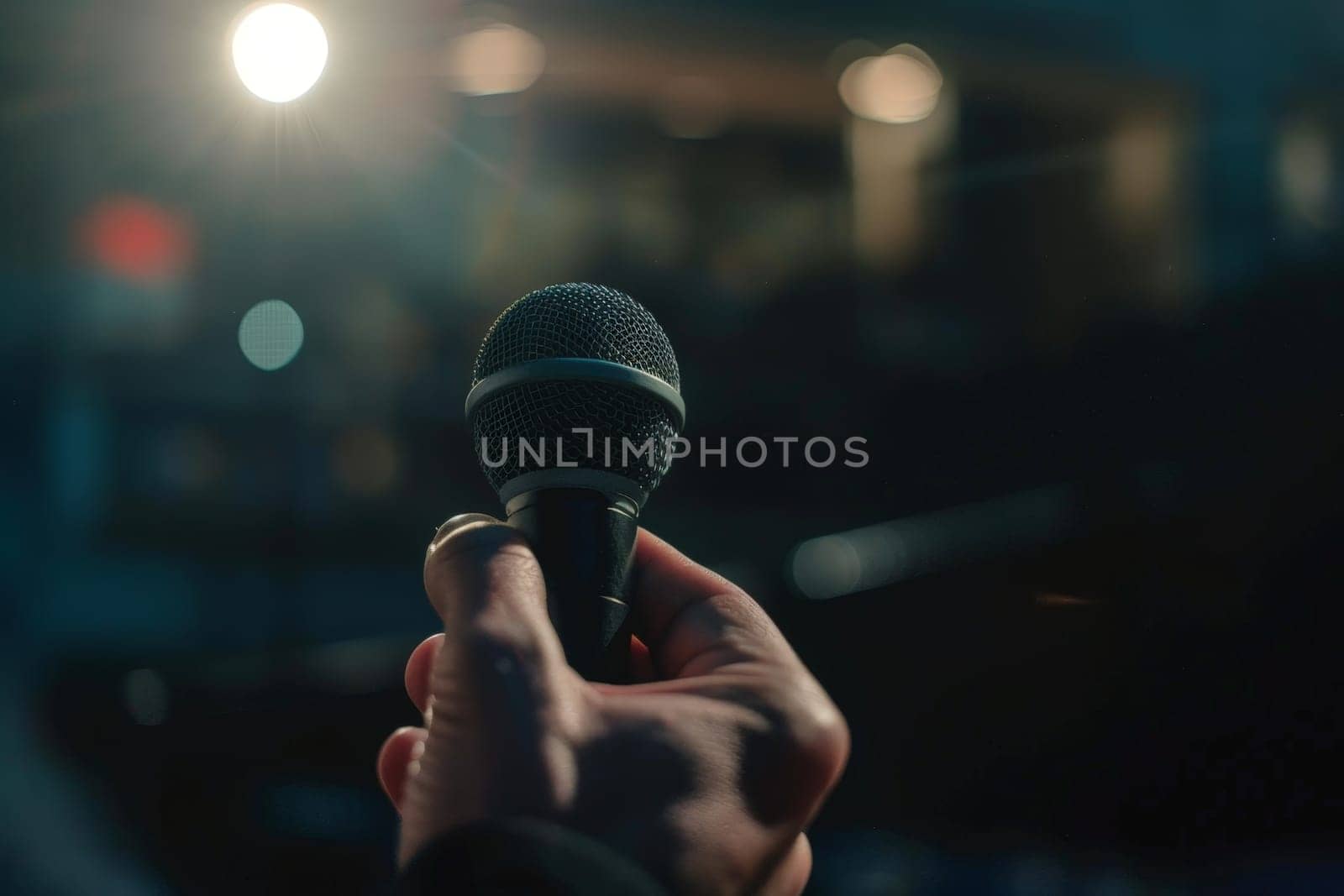 Man hands holding microphone on stand, Professional Media interview.