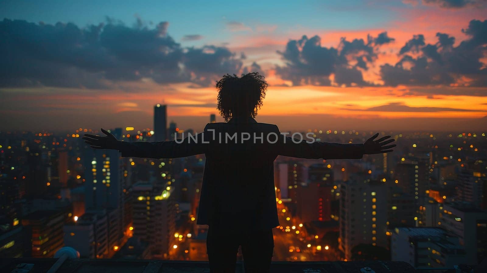 A businesswoman stands arms outstretched with embracing the vast cityscape below, Freedom woman by nijieimu