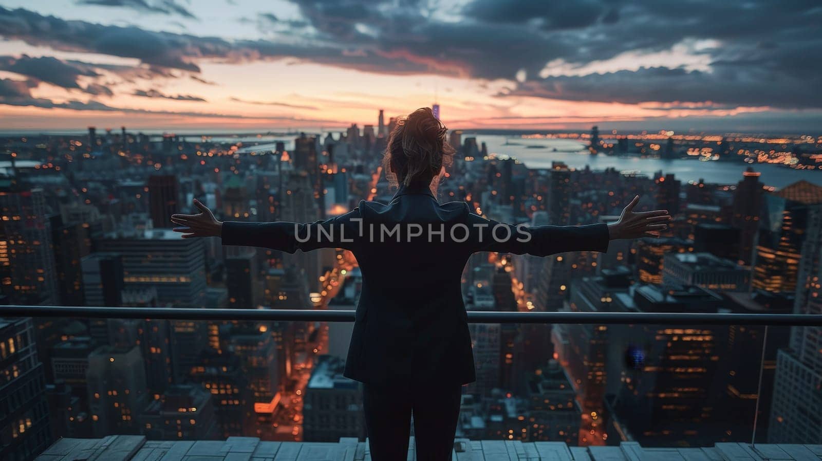 A businesswoman stands arms outstretched with embracing the vast cityscape below, Freedom woman.