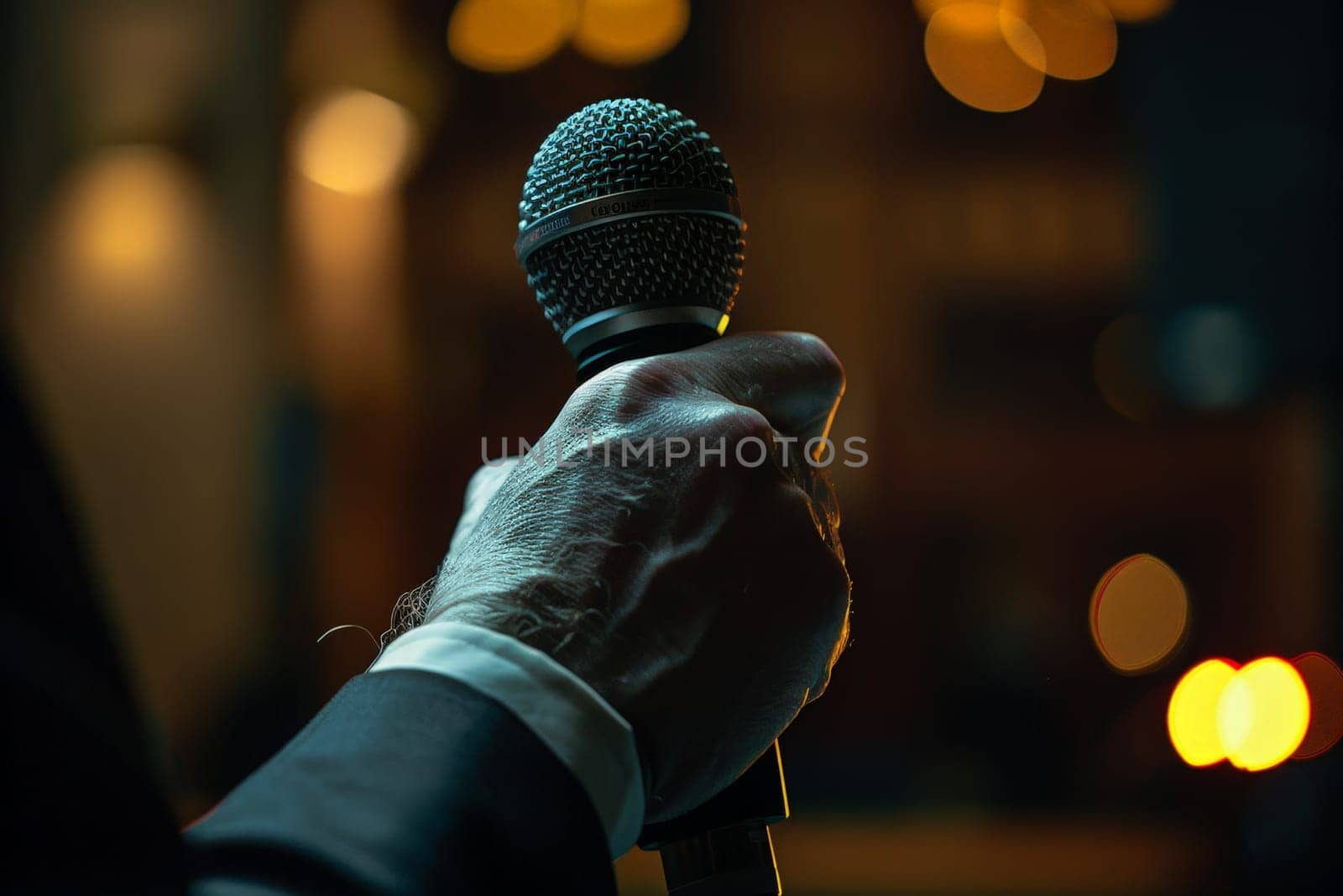 Man hands holding microphone on stand, Professional Media interview.