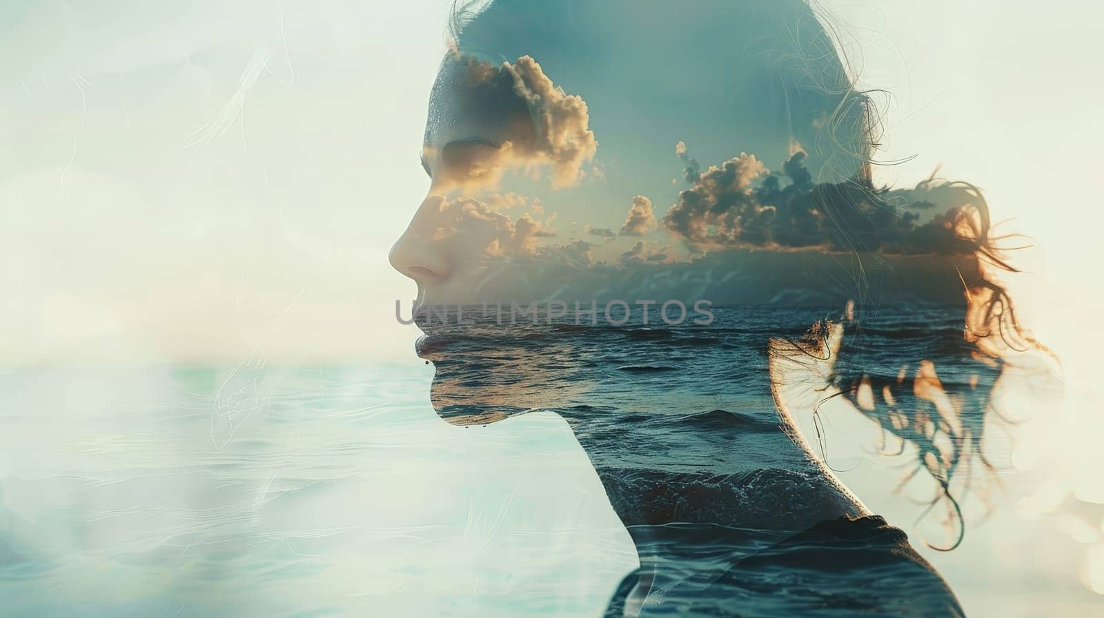 Silhouette woman with double exposure of sunset on the beach, Double exposure of a woman on a beach by nijieimu