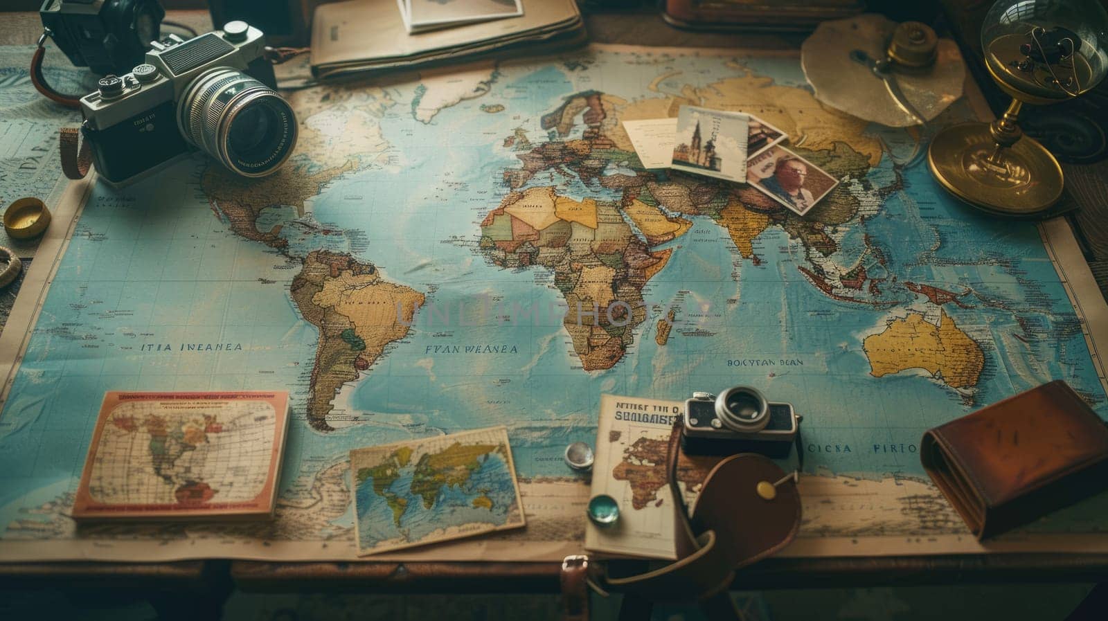 An intricate map of the world is elegantly displayed on a wooden table. The intricate patterns and font create a beautiful piece of art AIG50