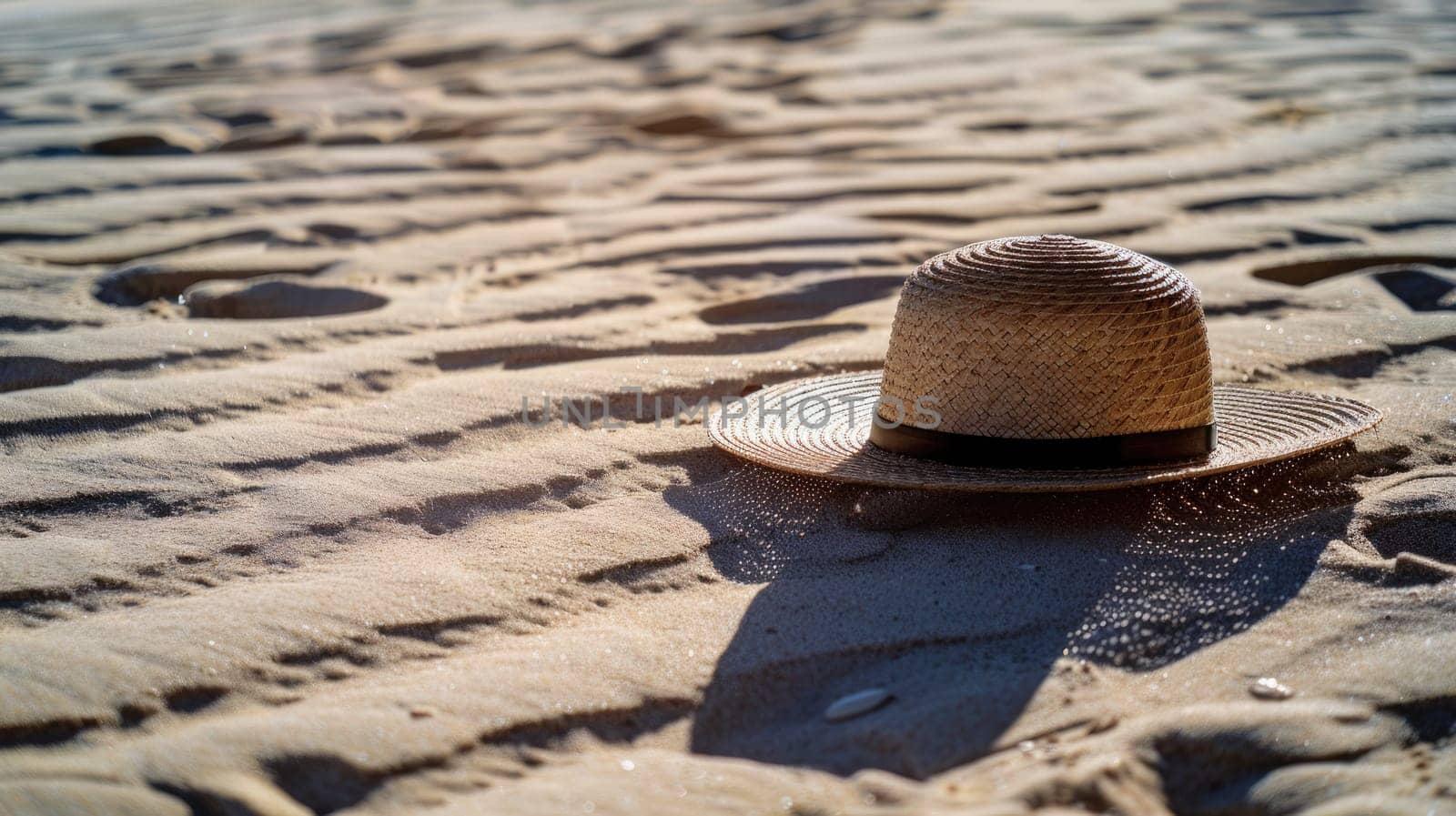 The hat rests on the sandy beach by the waters edge, under the warm sunlight. The fluid waves gently kiss the shore, creating a peaceful landscape with a wooden horizon AIG50