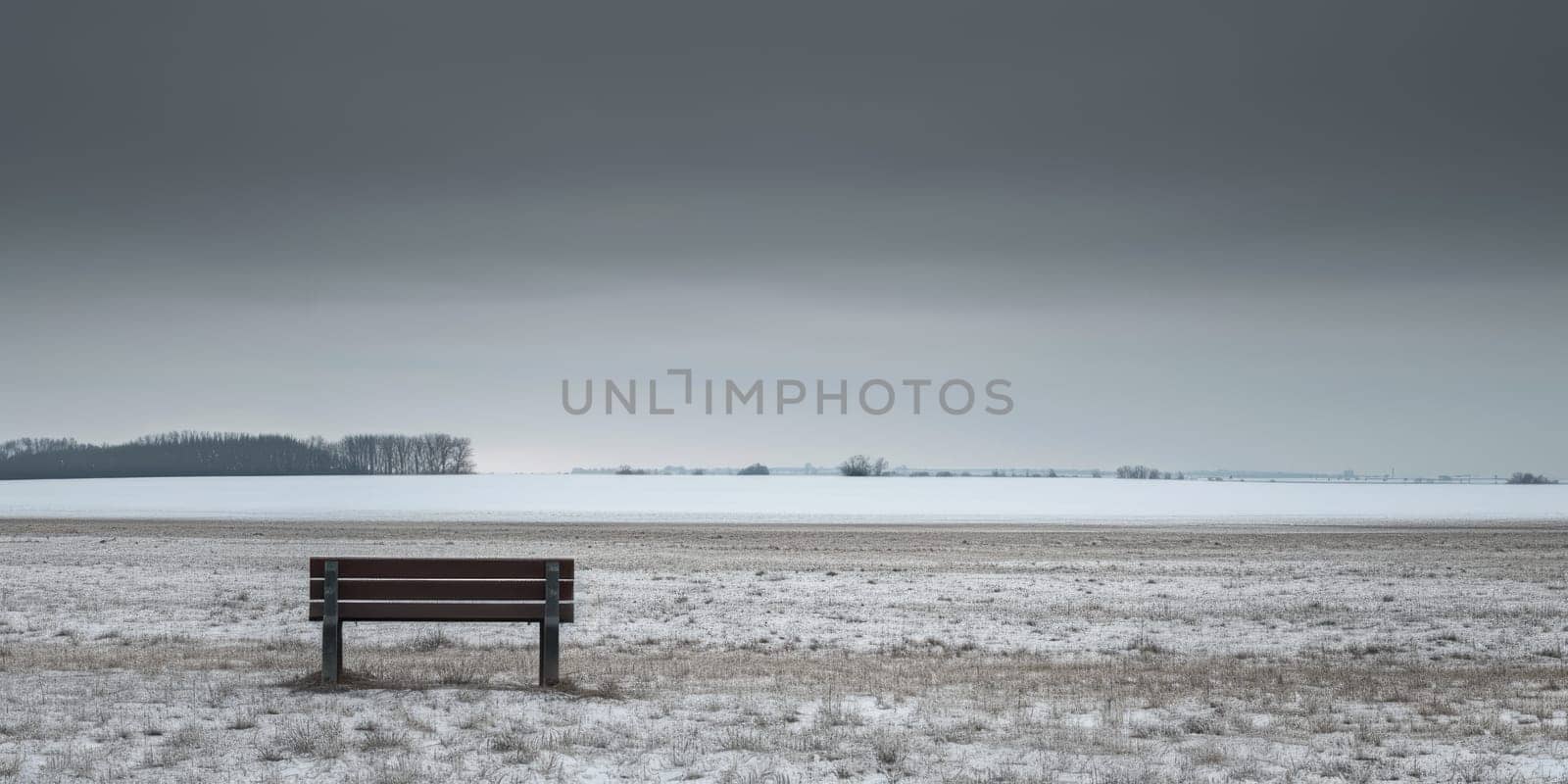 A minimalist landscape photo of white snowy landscape with iron bench. Fluffy 3D image of realistic of black bench placed at garden surrounded snow in winter season. Alone, lonely. Background. AiG42.