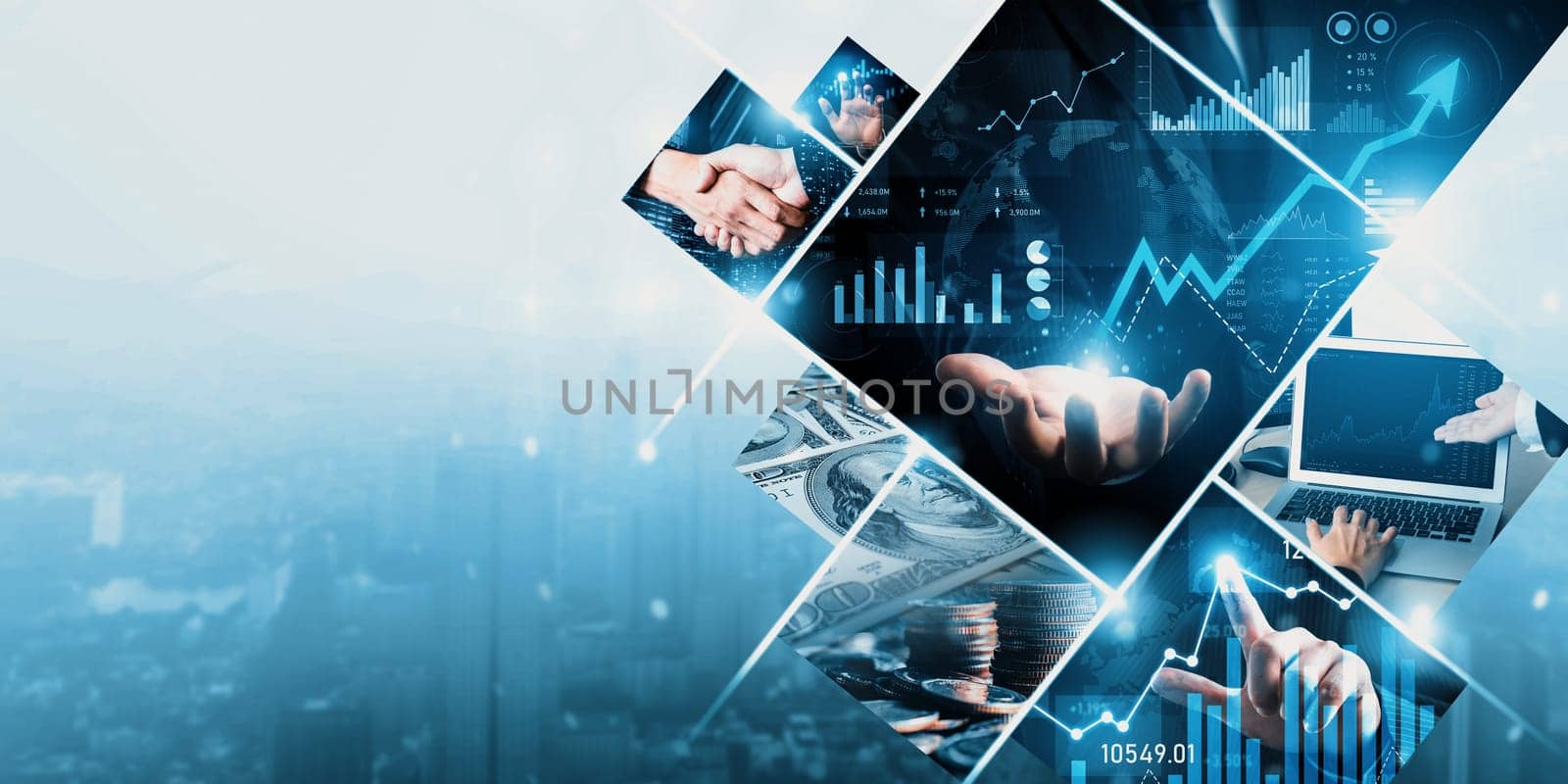 Futuristic business digital financial data technology concept for future big data analytic and business intelligence research for businessman analyst invest decisions making panoramic banner kudos