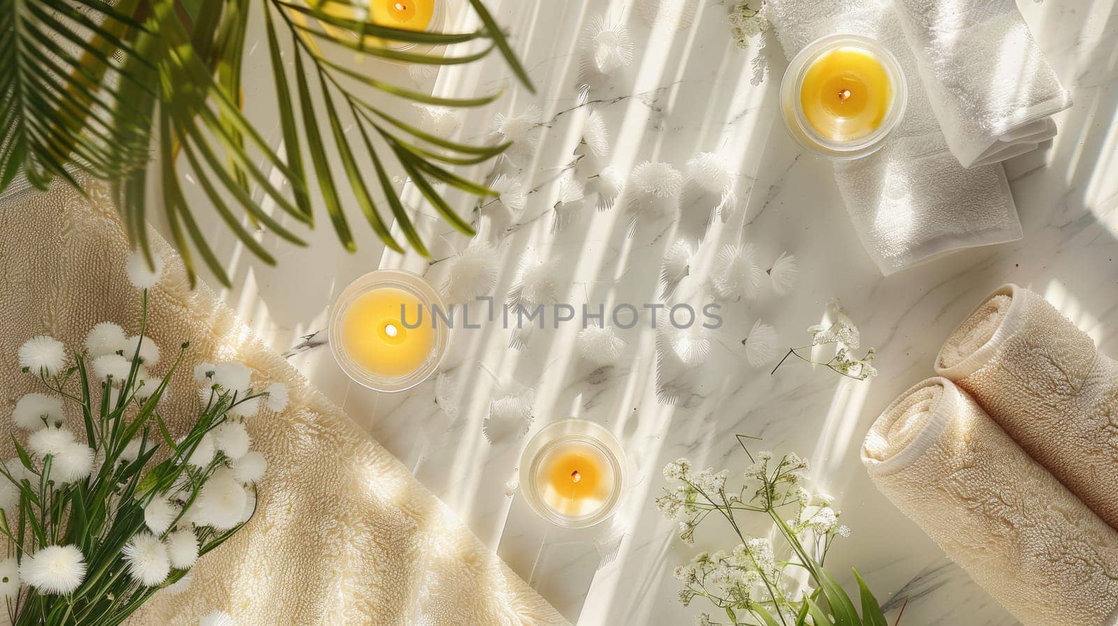 The table is adorned with a beautiful display of candles and flowers, including yellow chamomile blooms. The combination creates a serene and artistic atmosphere AIG50