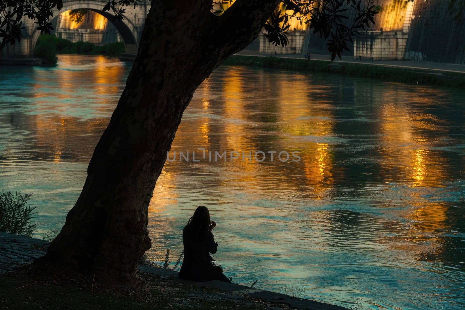 Back view of beautiful woman sitting at river reflect beautiful reflection of modern architectural building and enjoy looking at impressive view at modern bridge at sun set. Recreation concept. AIG42.
