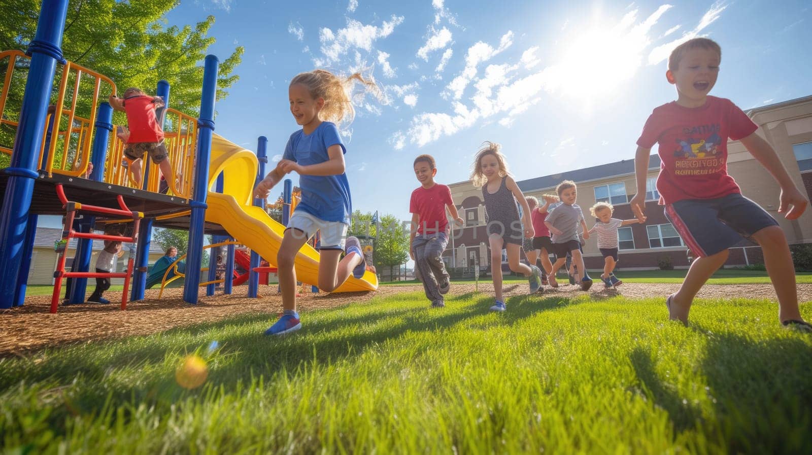 A bunch of kids enjoying their leisure time in a neighborhood playground, surrounded by tall buildings, green grass, trees, and the clear blue sky. AIG41