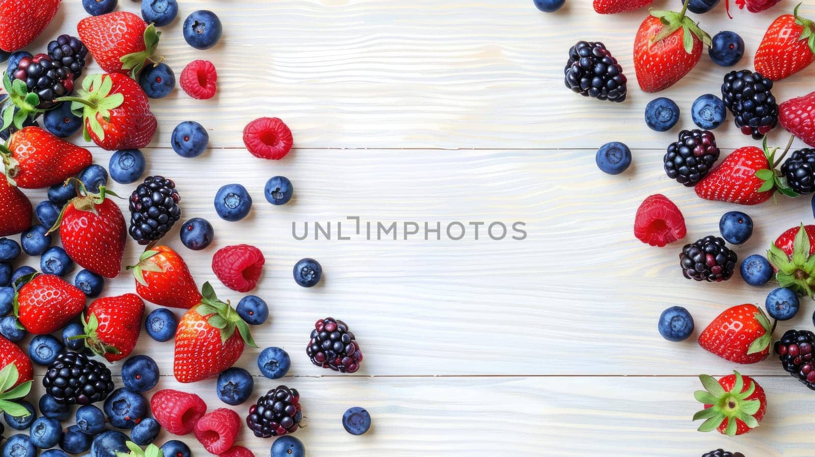 Fresh strawberries, raspberries, blueberries, and mint are beautifully displayed on a white wooden table. These vibrant natural foods are perfect ingredients for a berry cake recipe AIG50