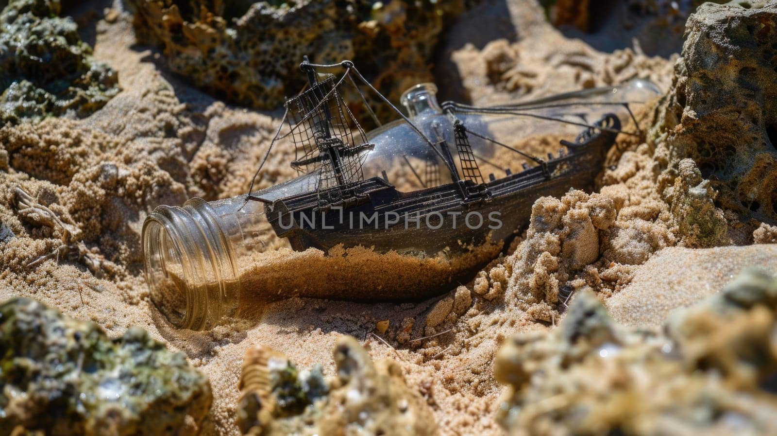 A wooden bottle with a miniature boat inside rests on the sandy soil. Nearby, a tree trunk lies on the natural landscape, surrounded by terrestrial plants and bedrock AIG50
