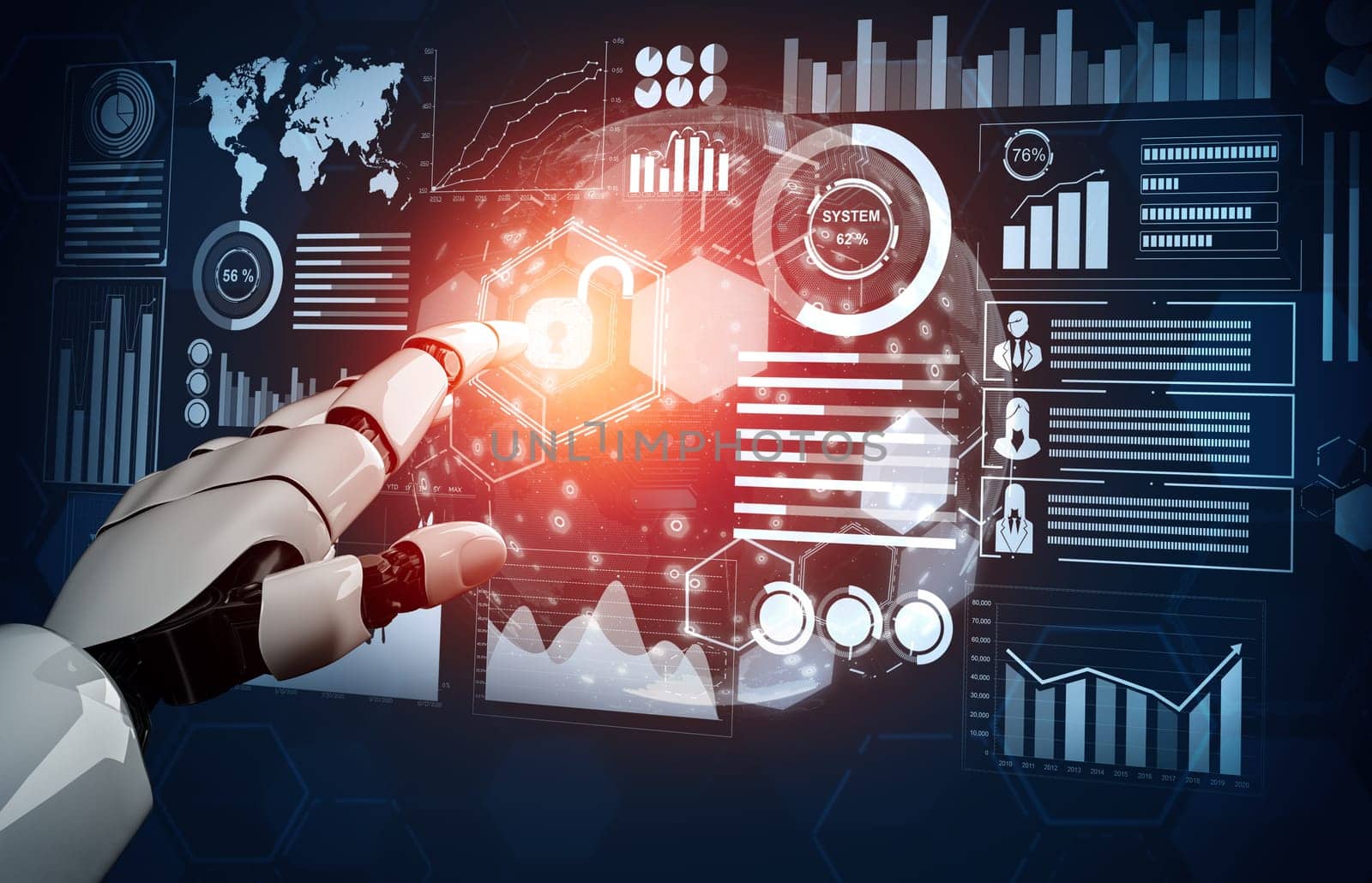 MLP 3D Rendering futuristic robot technology development, artificial intelligence AI, and machine learning concept. Global robotic bionic science research for future of human life.