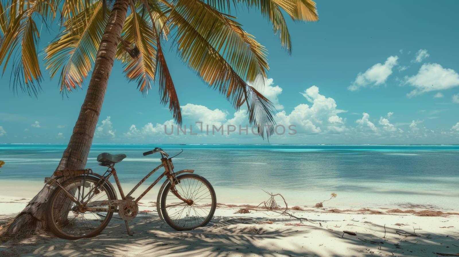 A bicycle with its tire against a palm tree on the beach, under a cloudy sky with water in the background, blending with nature AIG50