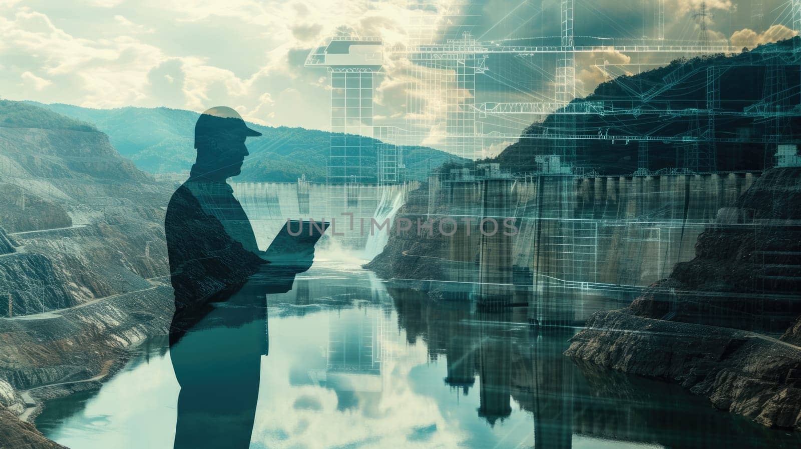 Double exposure with professional smart civil engineer with safety helmet or hard hat holding tablet and planning strategy at construction site. Skilled industrial worker checking at tablet. AIG42.