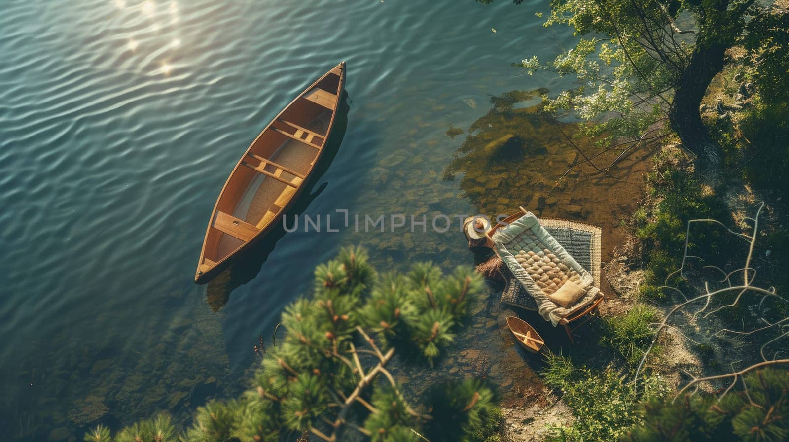 An aerial view of two boats peacefully floating on the serene lake surrounded by natural landscape with trees, grass, and other terrestrial plants AIG50