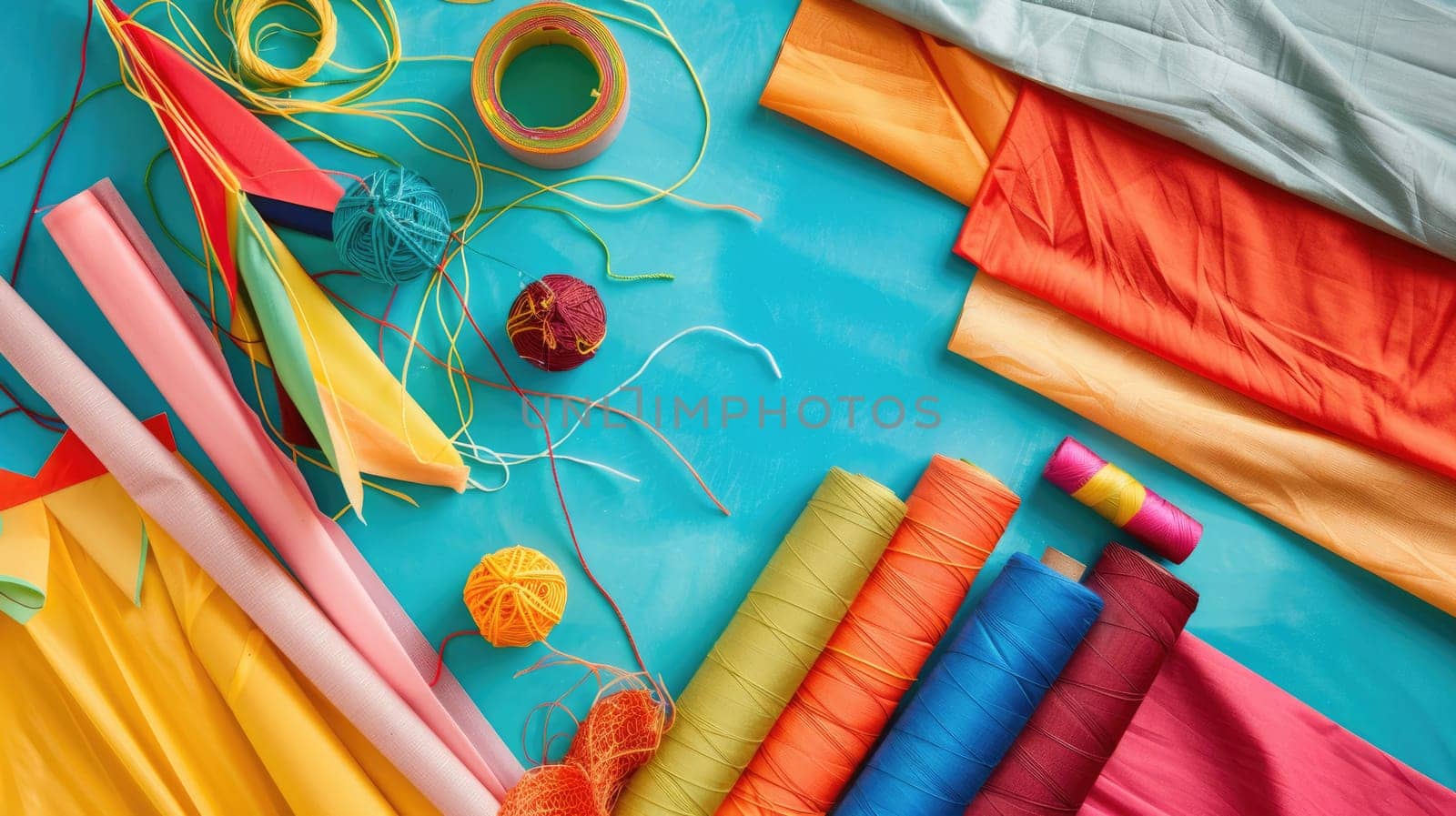 Various types of kites made of textile materials in orange, red, and electric blue colors are displayed on the table. They feature different patterns, triangles, lines, and artistic paint designs AIG50