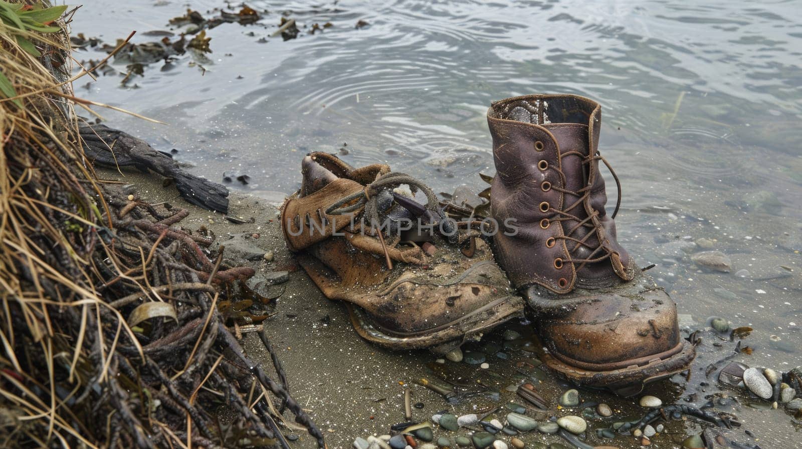 A pair of boots is drifting in the fluid water, surrounded by natural landscapes of soil, plants, trees, and rocks. It seems like a mysterious event AIG50