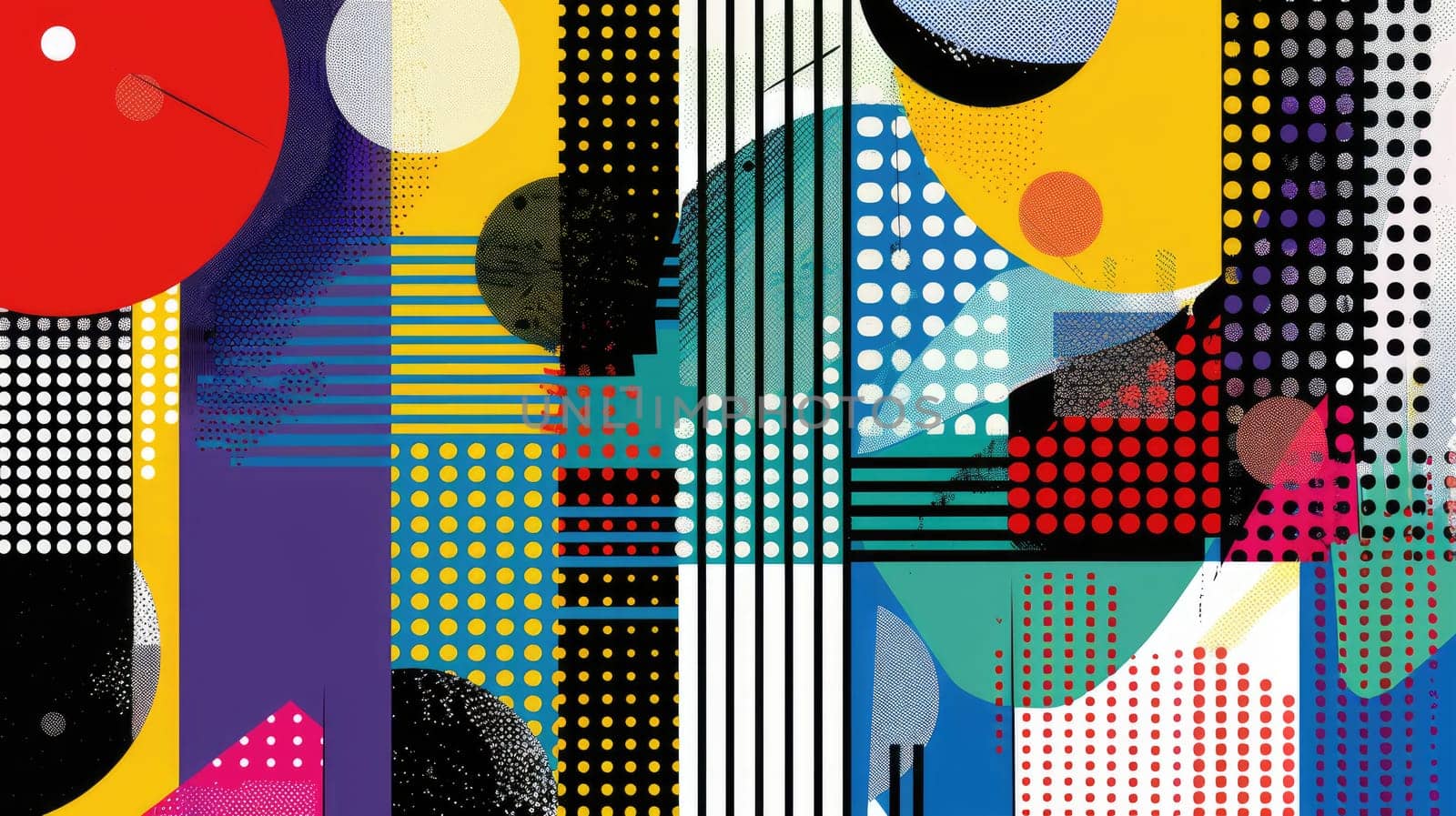 Colorful geometric shapes with halftone dots. AIG51A.