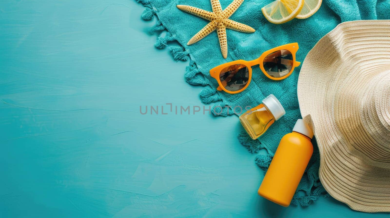A plastic bottle of sunscreen, stylish sunglasses, a soft towel, and colorful seashells placed on an electric blue surface resembling a swimming pool AIG50