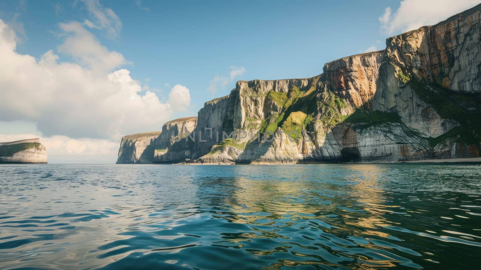 A boat navigates through a canyon alongside a tranquil body of water, surrounded by towering bedrock and a picturesque natural landscape AIG50