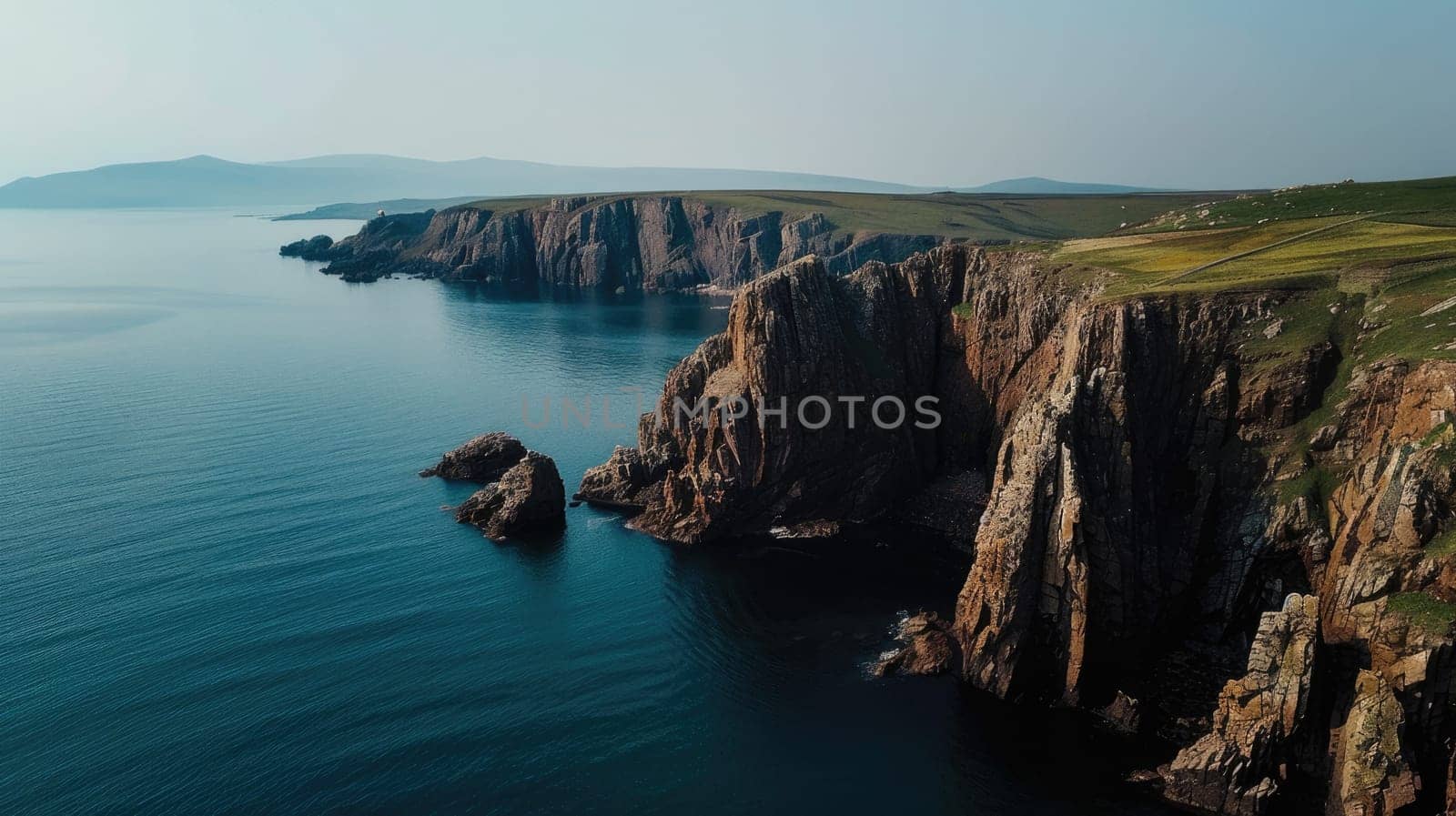 A stunning aerial view of a cliff by the ocean, where the fluid water meets the natural landscape, creating a picturesque and tranquil scene under the open sky AIG50