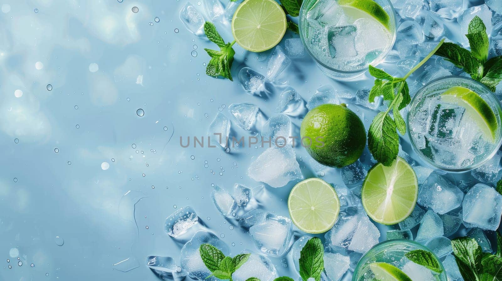 A refreshing beverage made of water, limes, and mint leaves in a glass on the table, perfect for a hot day AIG50