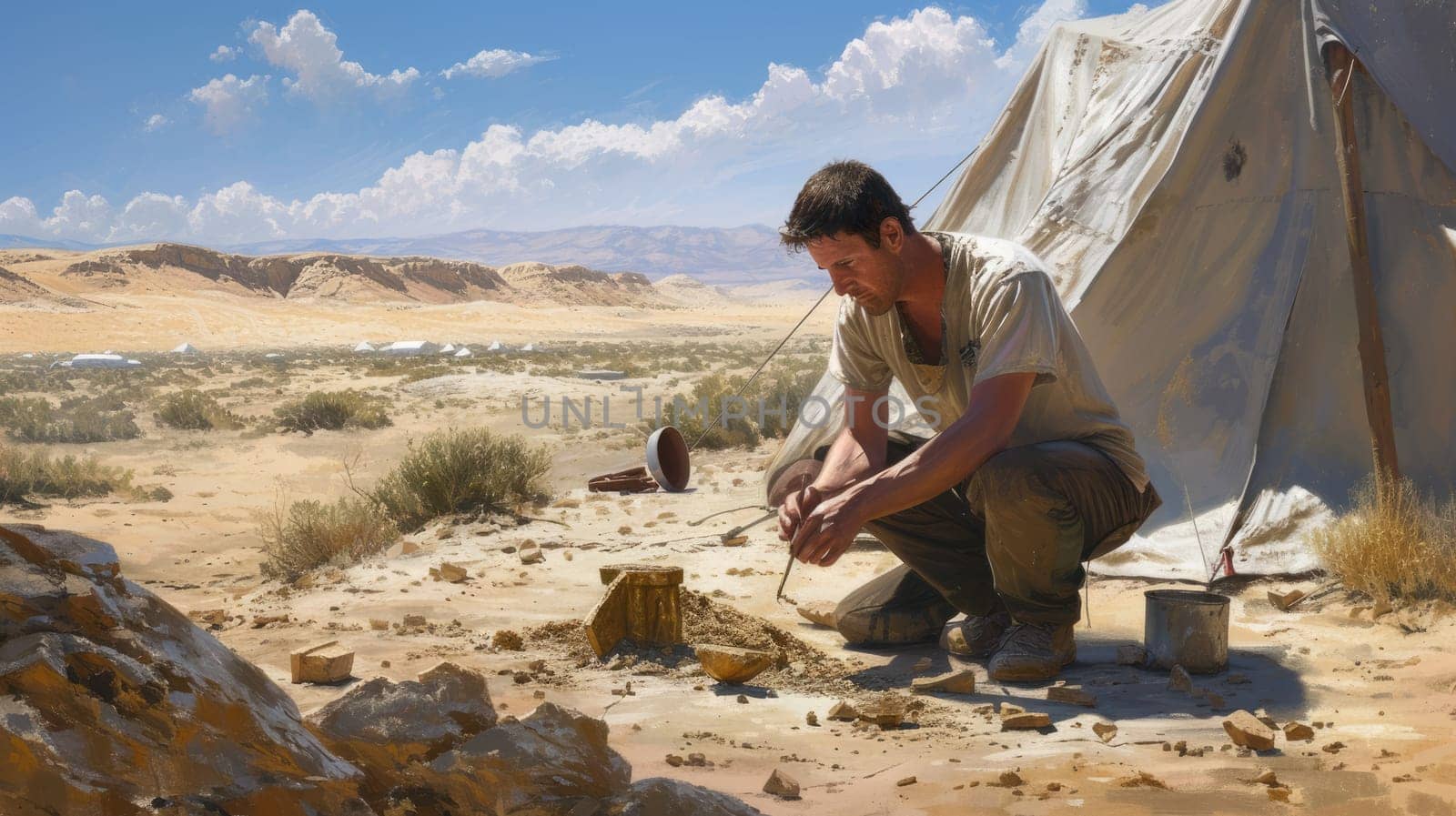 Professional archeology inspecting stone and digging site while working at desert by using equipment. Skilled explorer or adventurer checking and looking at antiques and sitting near camp. AIG42.