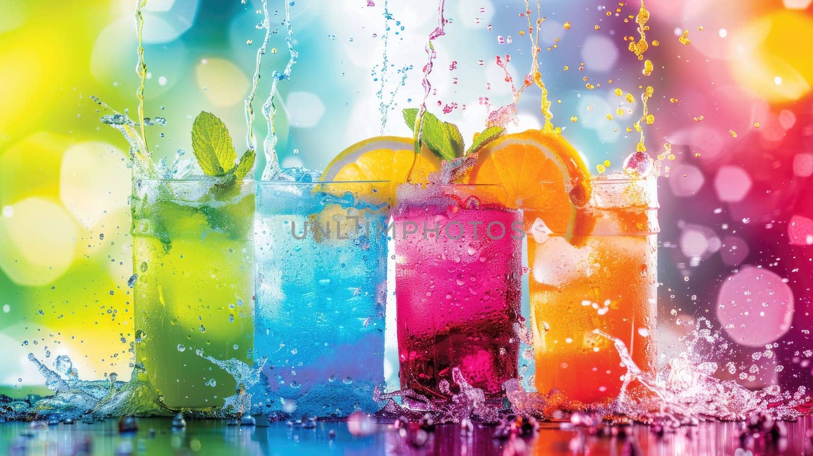 A colorful array of liquid paints splashes into the water, creating a beautiful painting resembling a natural landscape with petals, fruit, and drinkware AIG50