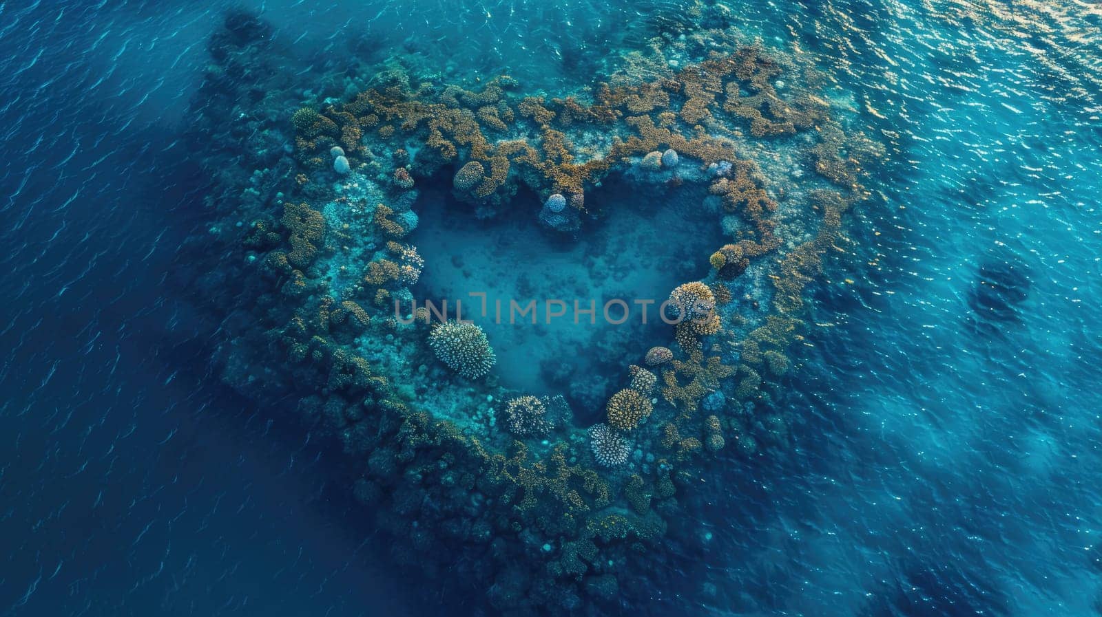 An aerial view of a small island surrounded by electric blue waters, perfect for marine biology research. The underwater world is a captivating circle of life AIG50