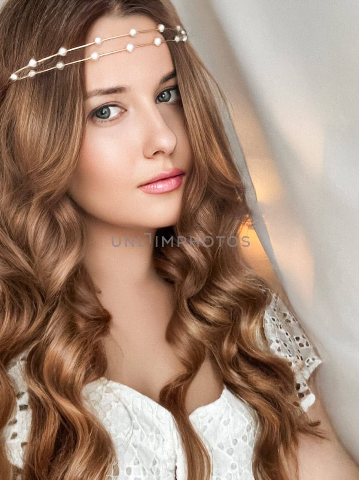 Beautiful bridal look, bride with long hair, wearing pearl tiara jewellery and beauty makeup, woman with curly hairstyle, face portrait for wedding and fashion style by Anneleven