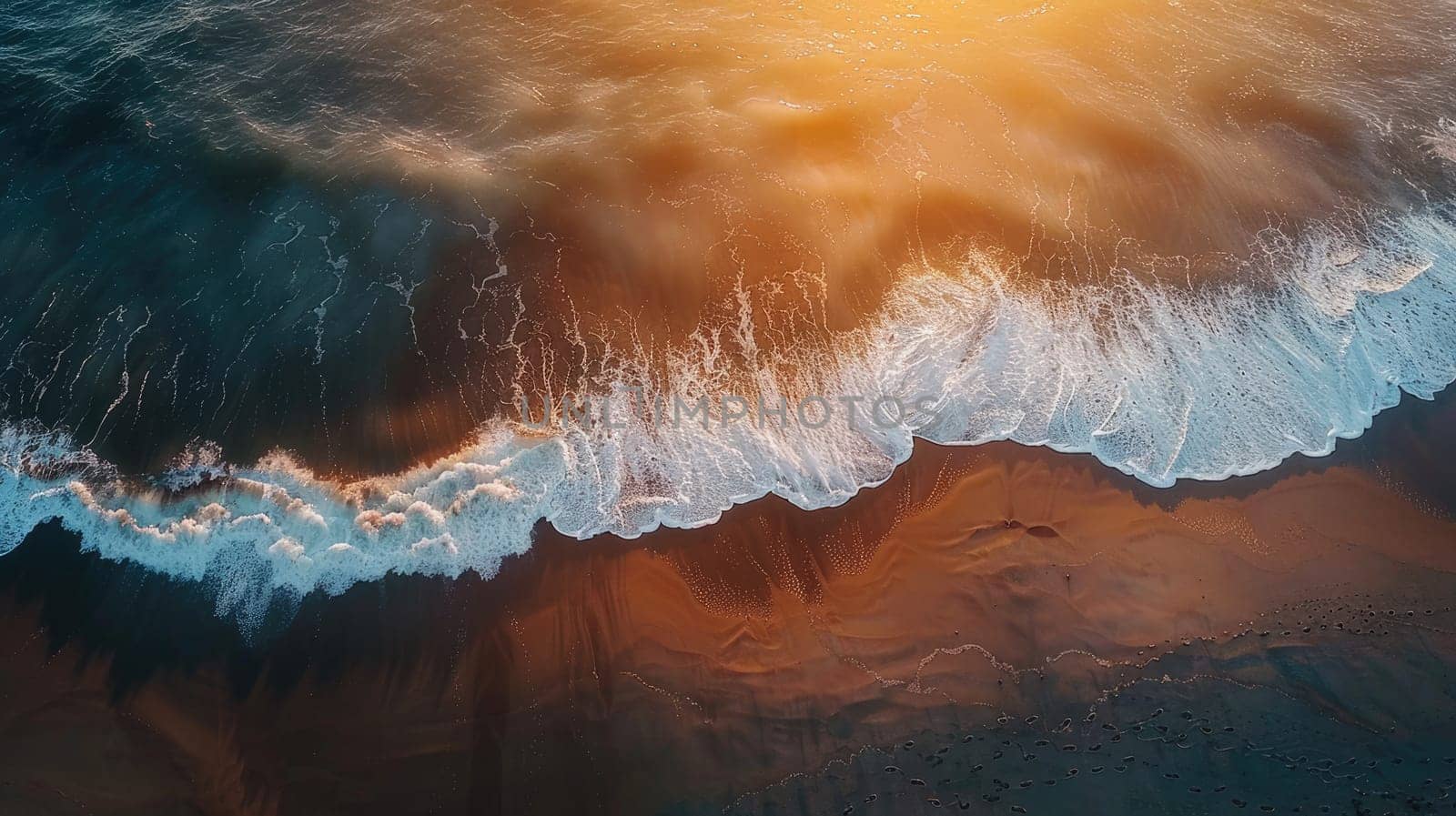 A breathtaking aerial view of a wave crashing against a mountain at sunset, showcasing the unique combination of water, heat, and geological phenomenon in the natural landscape AIG50