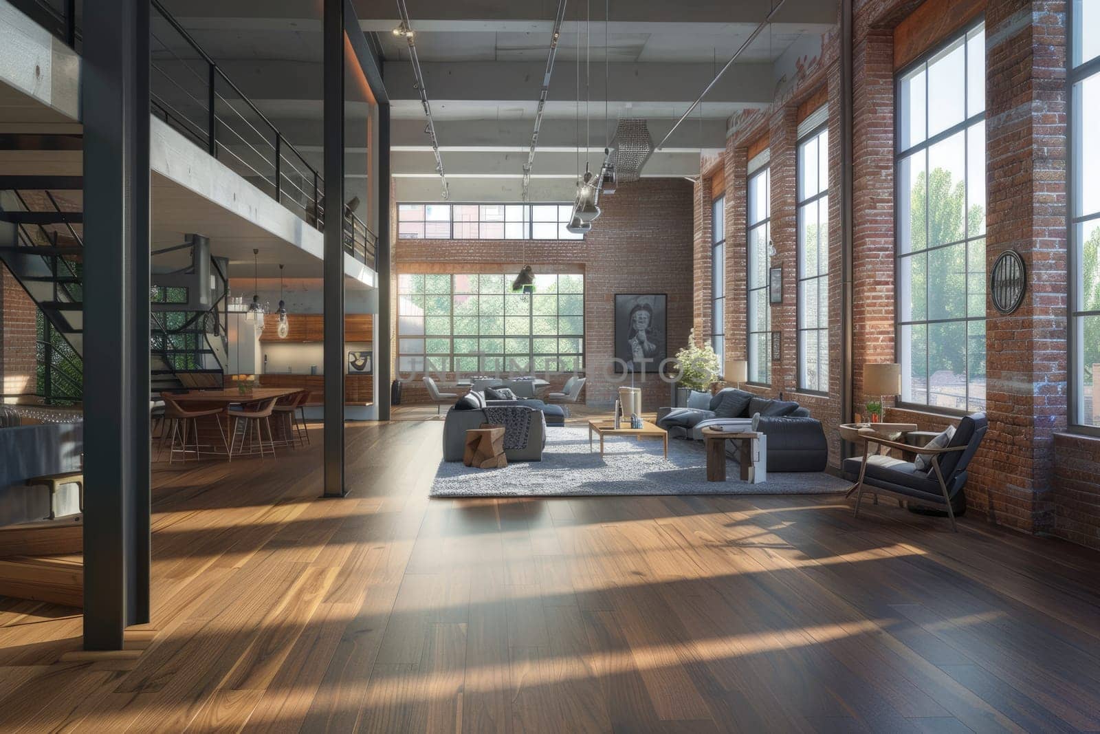An open-concept living space with hardwood floors, brick walls, and large windows. AIG51A.