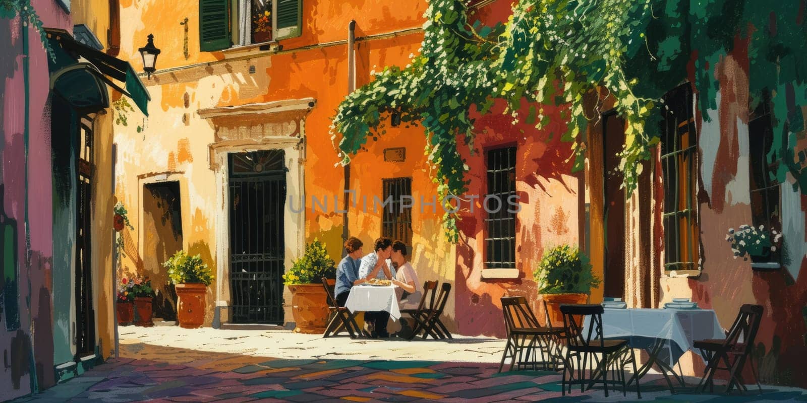 Couple of tourist spending time together while sitting at outside of restaurant decorated with orange brick wall as background. Cute lover talking to each other and enjoy eating in lunch time. AIG42.