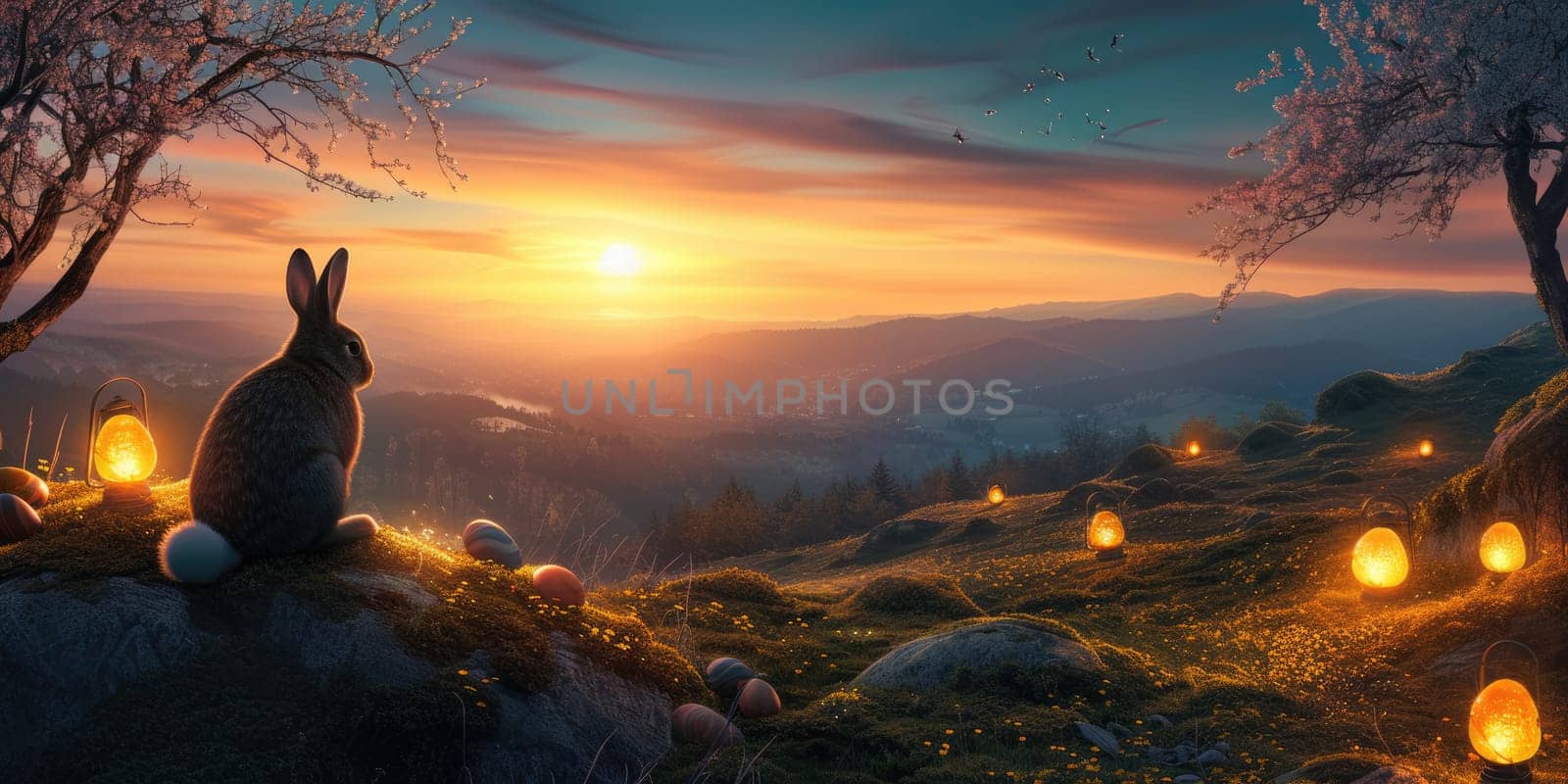 Big brown rabbit sitting under the tree at hill while looking at twilight sky with fantasy glowing lamp. Happy cute bunny watching sunset with orange sky and glowing light. Easter day. Hare. AIG42.