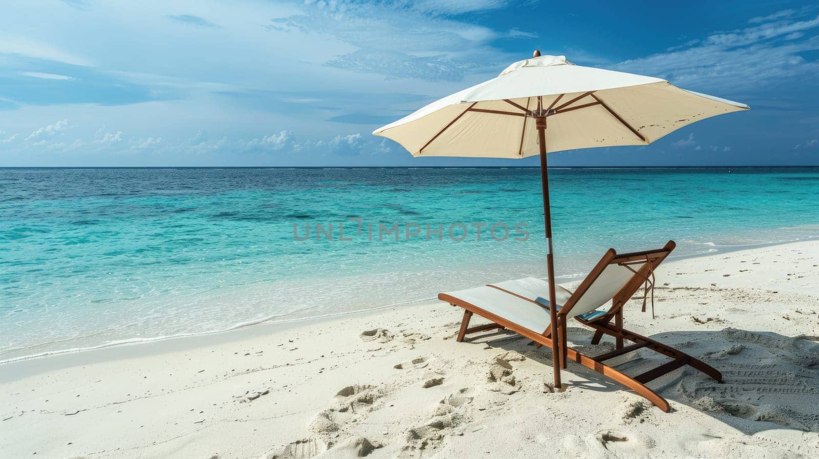 A chair and an umbrella provide shade on the sandy beach, with the azure sky reflecting in the crystal clear water of the oceanic coastal landforms AIG50