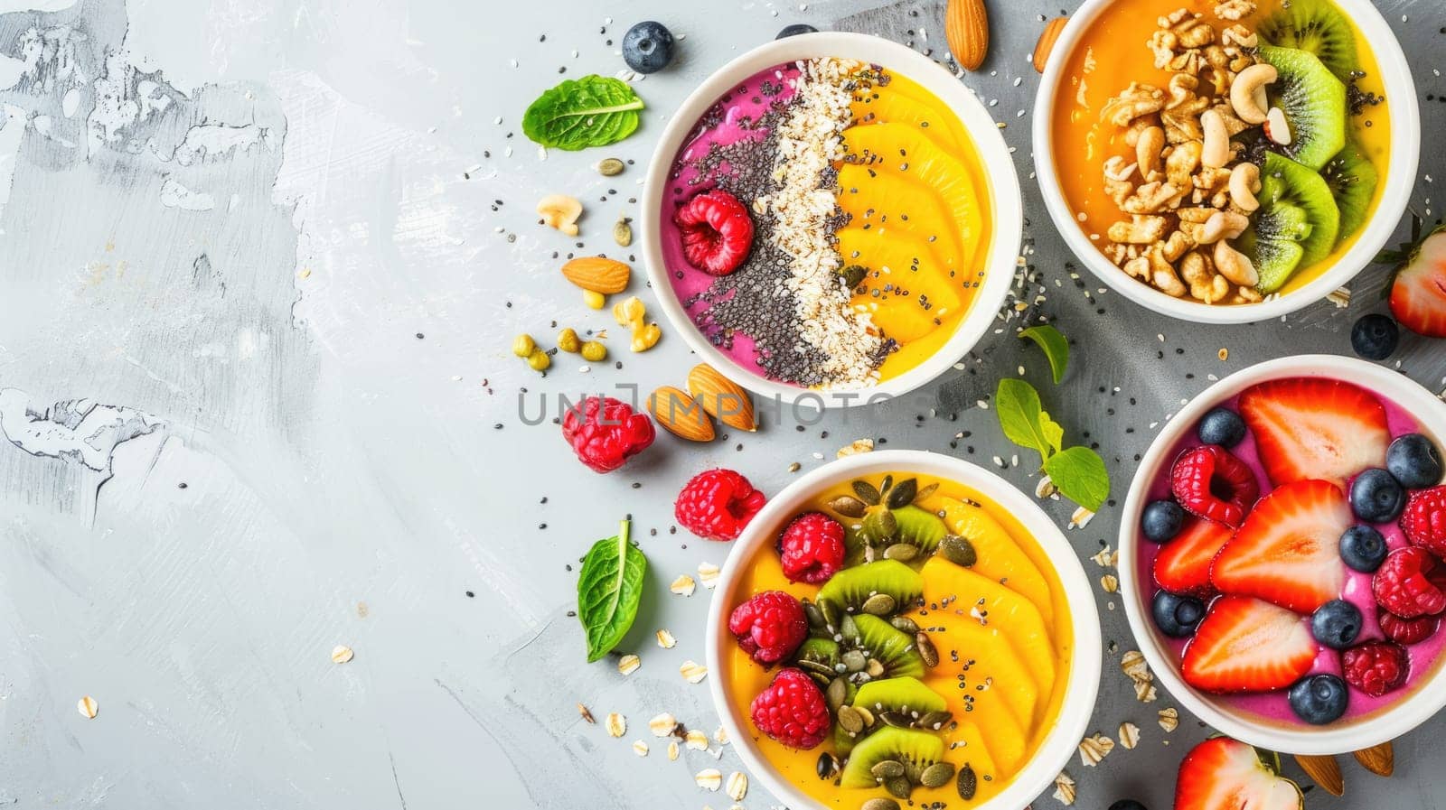 Four bowls of oatmeal topped with fruit and nuts displayed on a table, showcasing a delicious and nutritious dish made with natural foods AIG50