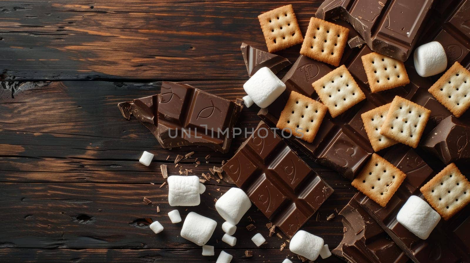 A wooden table featuring a tempting display of food ingredients like chocolate, marshmallows, and crackers, perfect for making delicious indoor smores AIG50