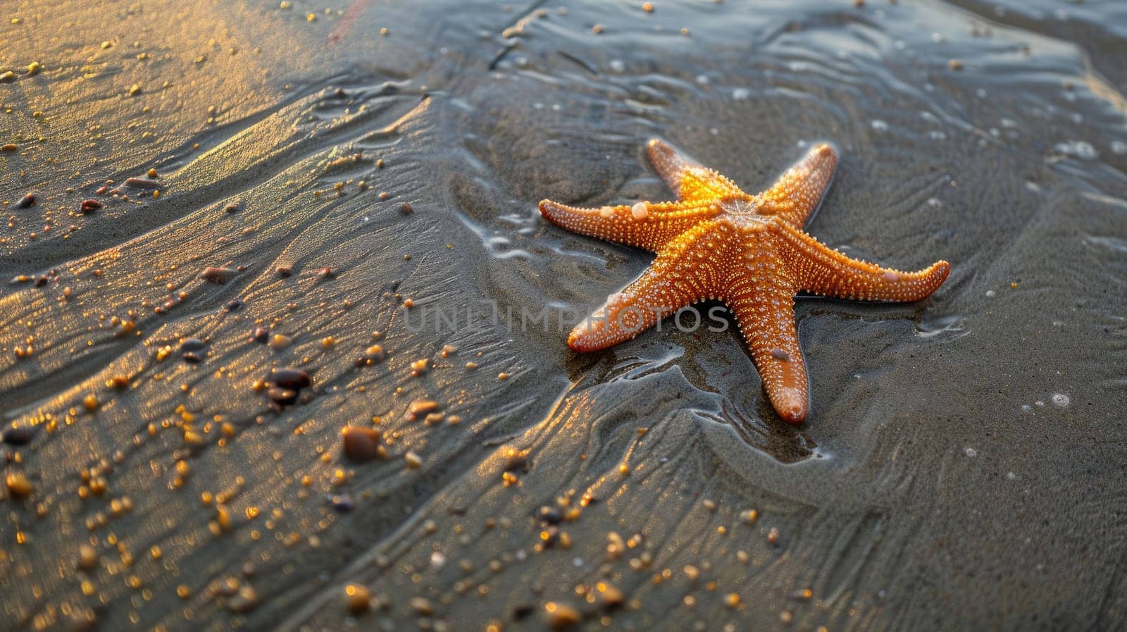 A starfish is resting on the sandy shore near the water, surrounded by terrestrial plants and animals. The natural landscape is peaceful, with the gesture of the starfish adding to the serene event AIG50
