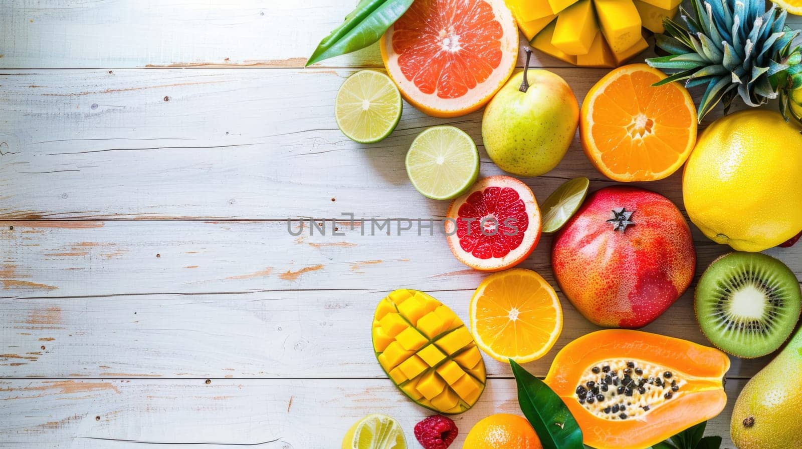 A diverse selection of tropical fruits and leaves displayed on a wooden table, perfect ingredients for creating exotic cuisine dishes and natural food recipes AIG50