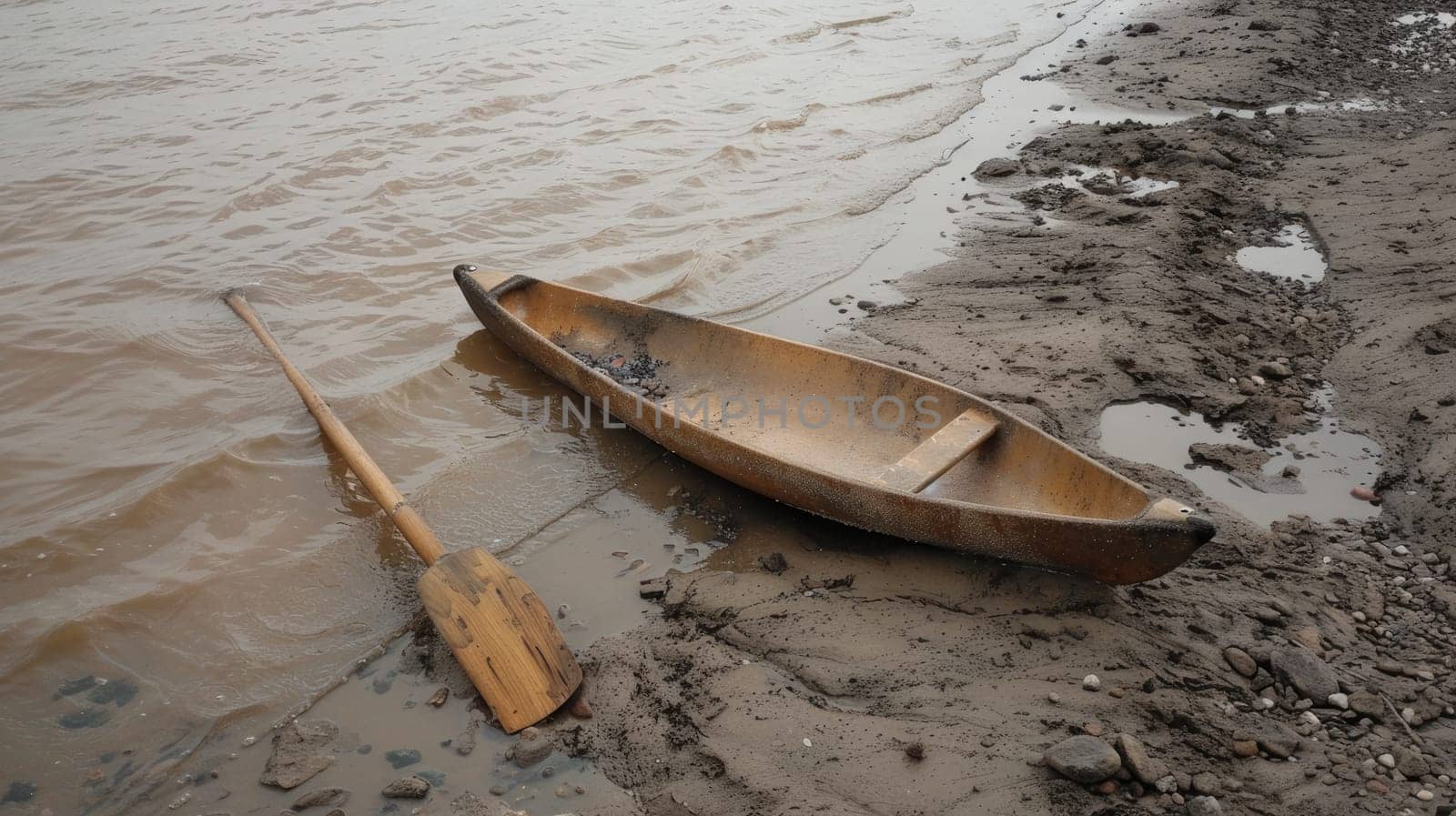 A wooden paddle rests on the sandy beach by the waters edge, surrounded by natural materials like rocks. Perhaps left behind by a kayaker exploring the lake AIG50