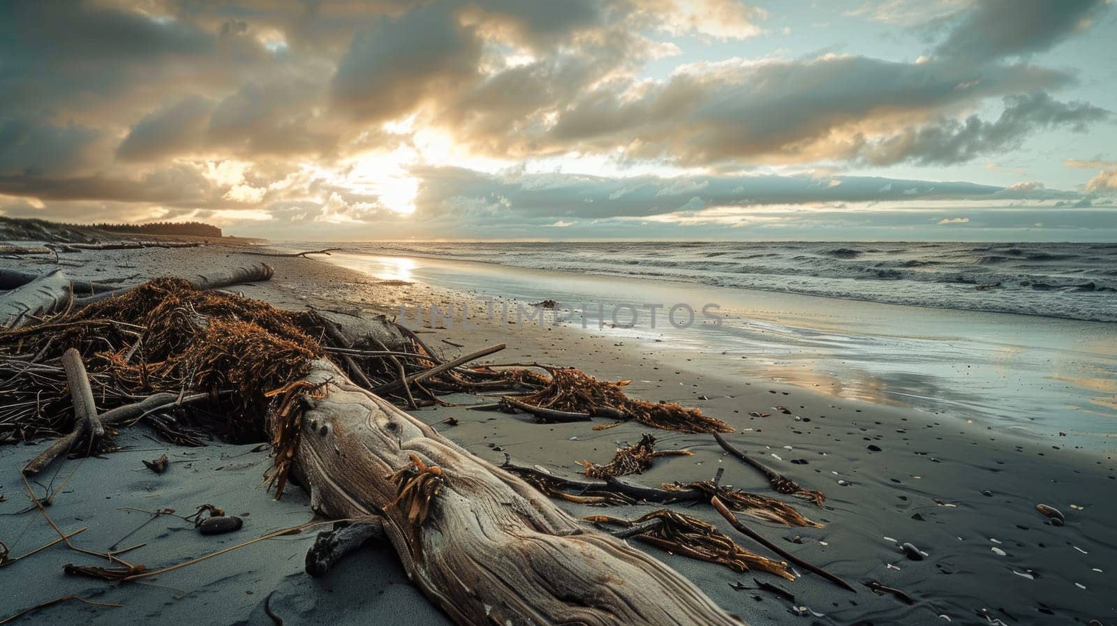 A natural landscape with a beach covered in driftwood, under a cloudy sky with cumulus clouds. The horizon is visible over the water, with trees scattered along the shore AIG50