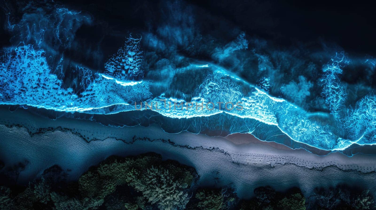 An electric blue wave crashing on a beach at night, creating a captivating natural landscape in the darkness with the mountain range in the background AIG50
