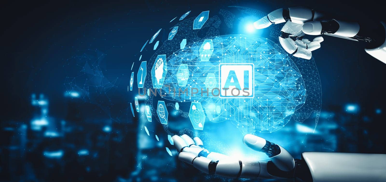 MLP 3D rendering artificial intelligence AI research of droid robot and cyborg development for future of people living. Digital data mining and machine learning technology design for computer brain.