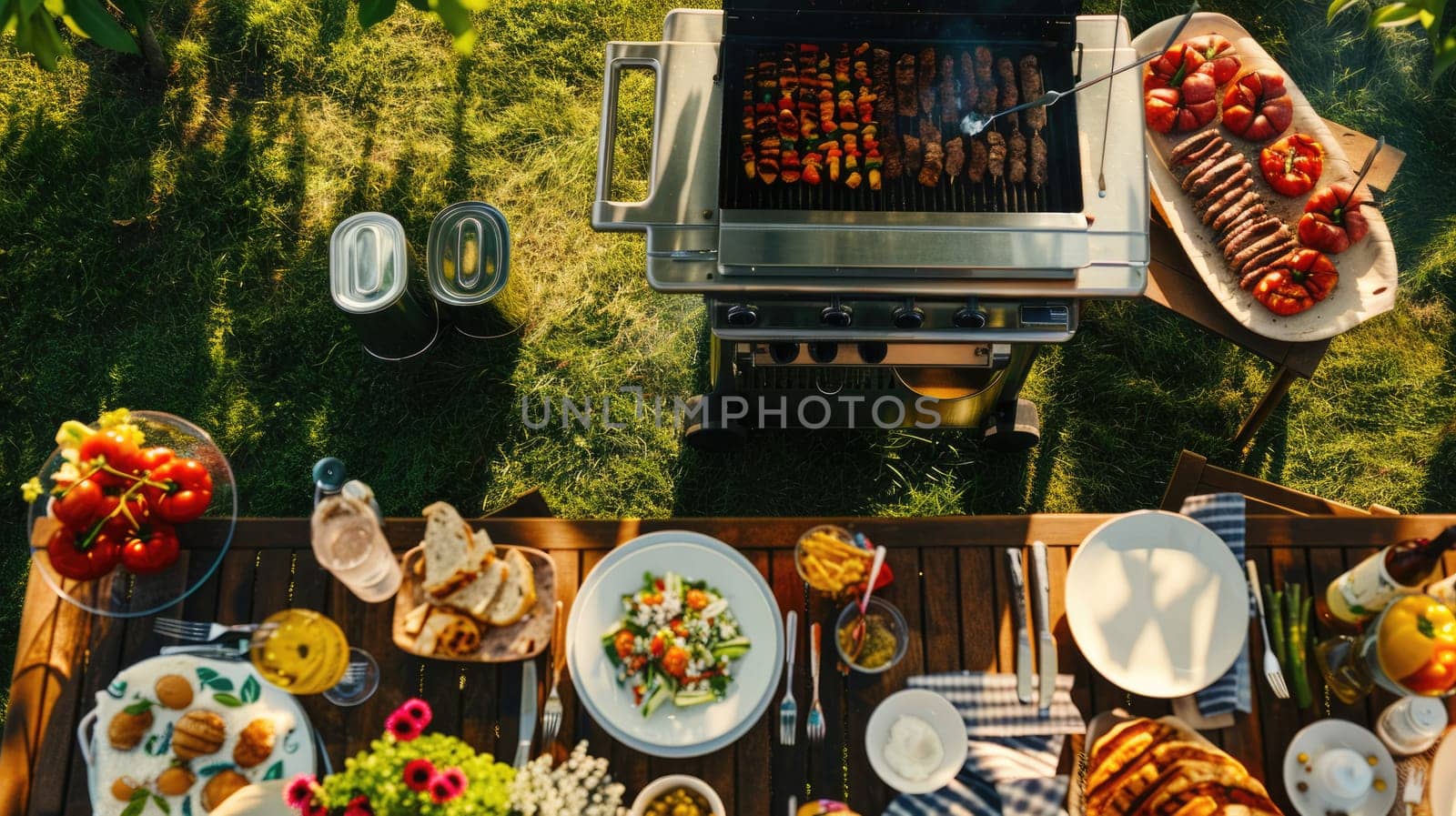 An overhead view of a table set with delicious cuisine and a barbecue grill, surrounded by lush green grass in a picturesque landscape setting AIG50