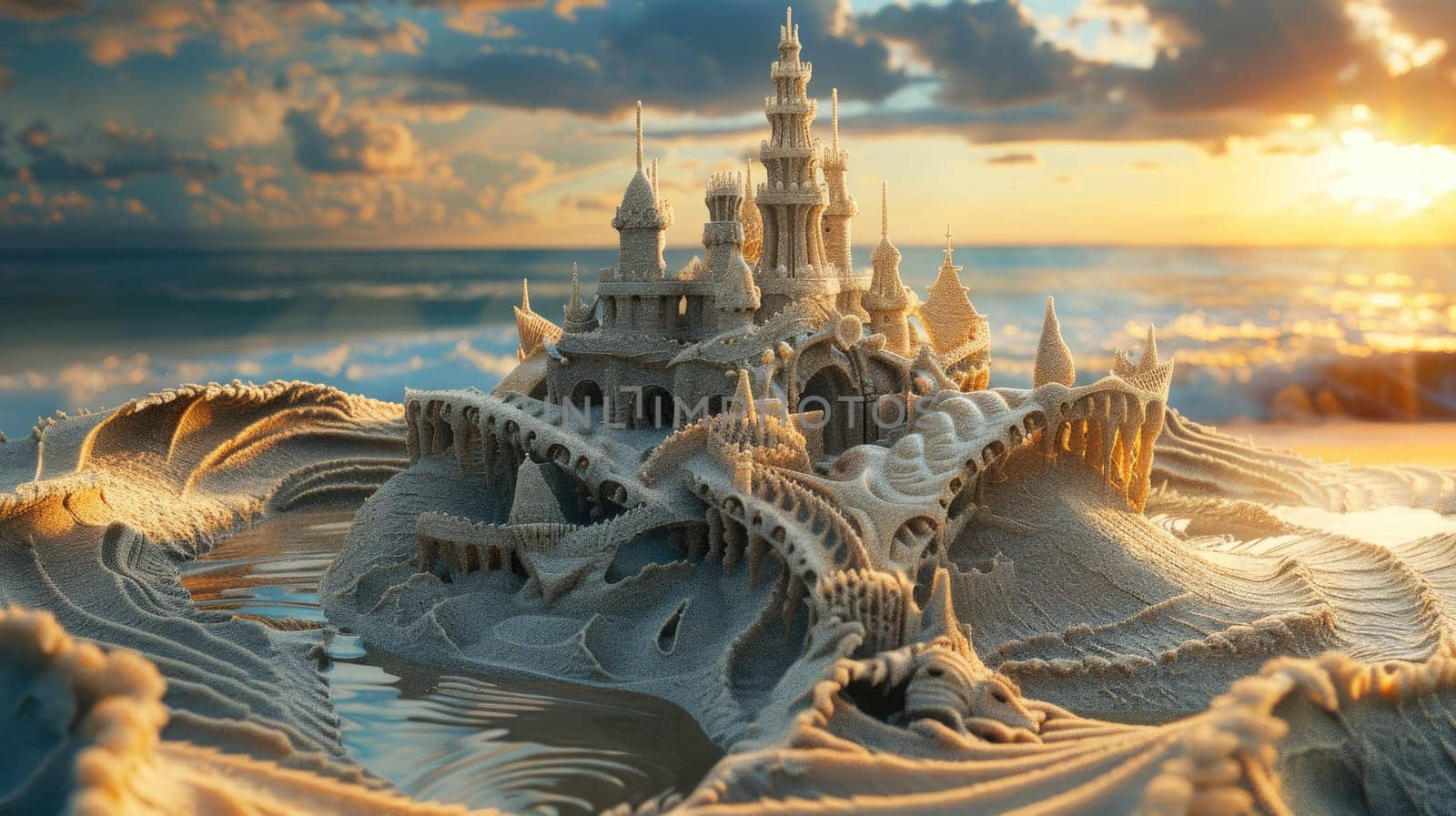 A magnificent sand castle stands tall on the beach, surrounded by the breathtaking natural landscape of the sunset sky, water, and plant life AIG50